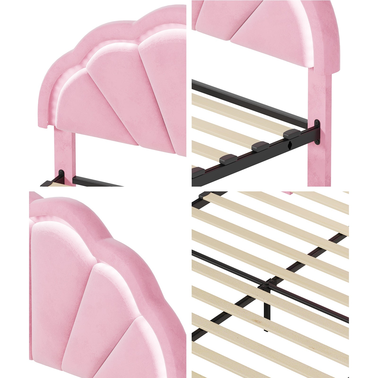 Oikiture Queen Size Bed Frame LED Shell Headboard with Drawers Velvet Pink