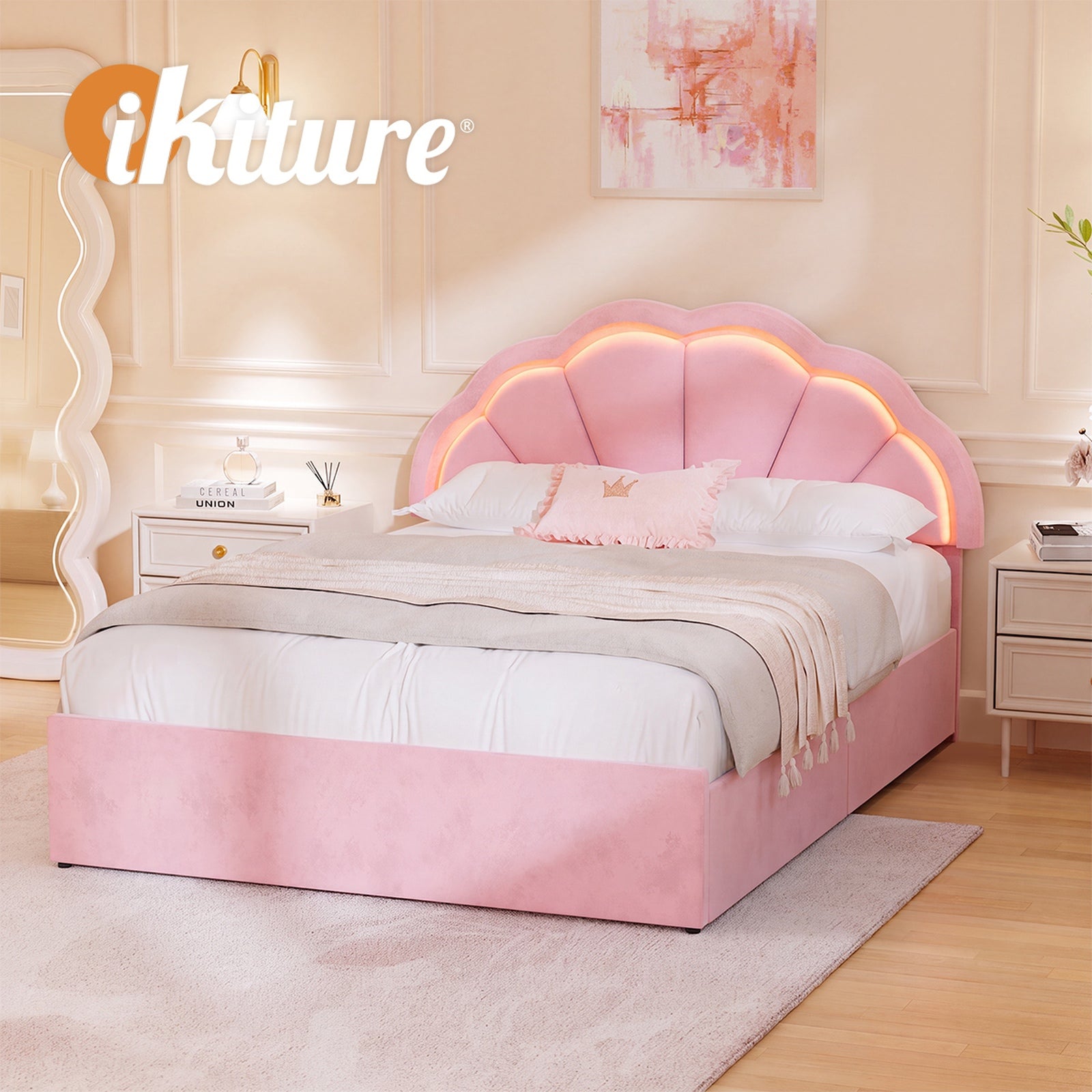 Oikiture Queen Size Bed Frame LED Shell Headboard with Drawers Velvet Pink