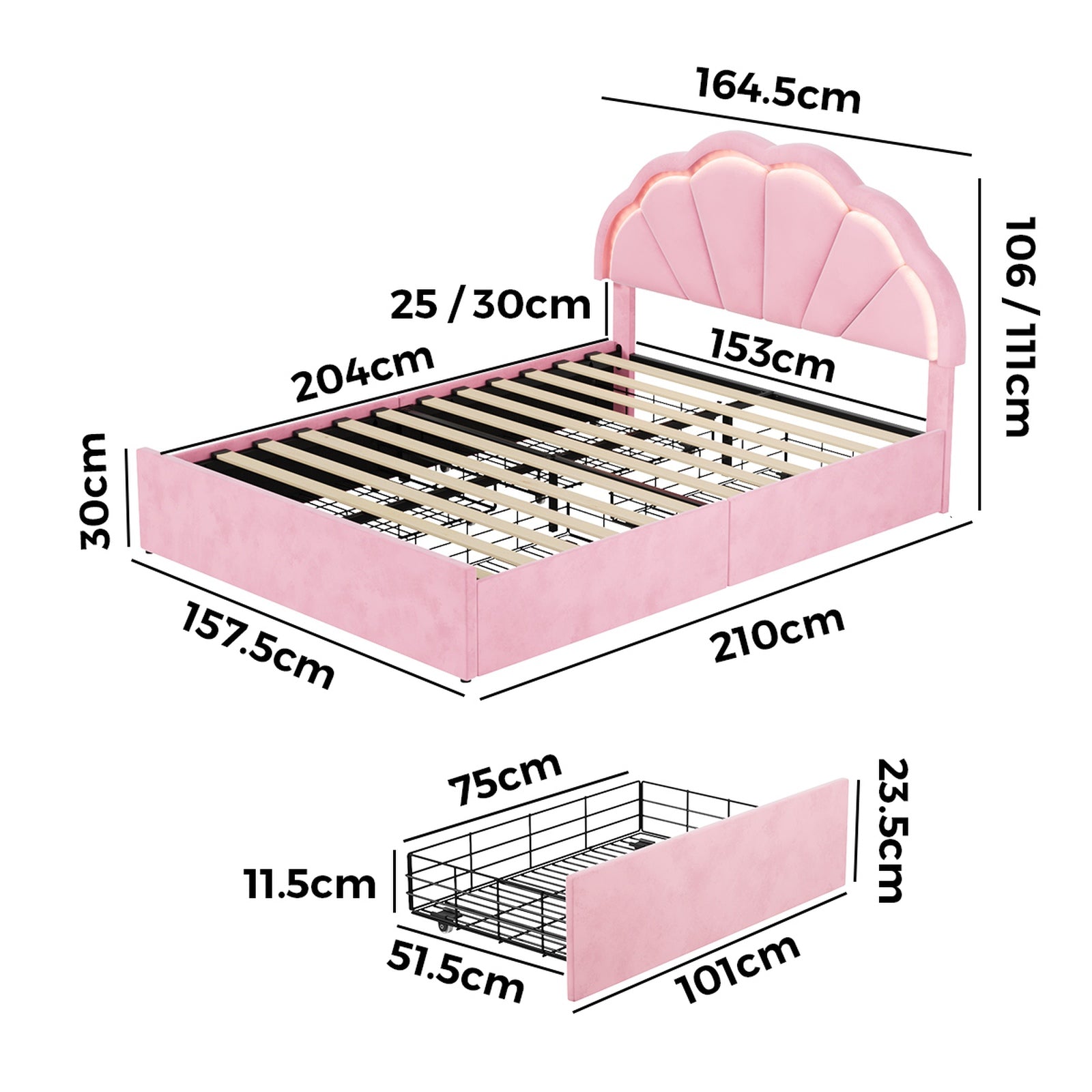 Oikiture Queen Size Bed Frame LED Shell Headboard with Drawers Velvet Pink