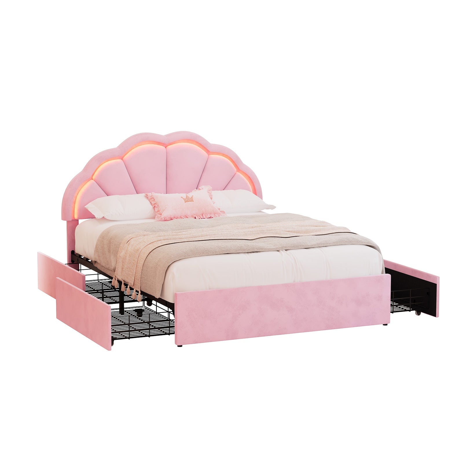 Oikiture Queen Size Bed Frame LED Shell Headboard with Drawers Velvet Pink