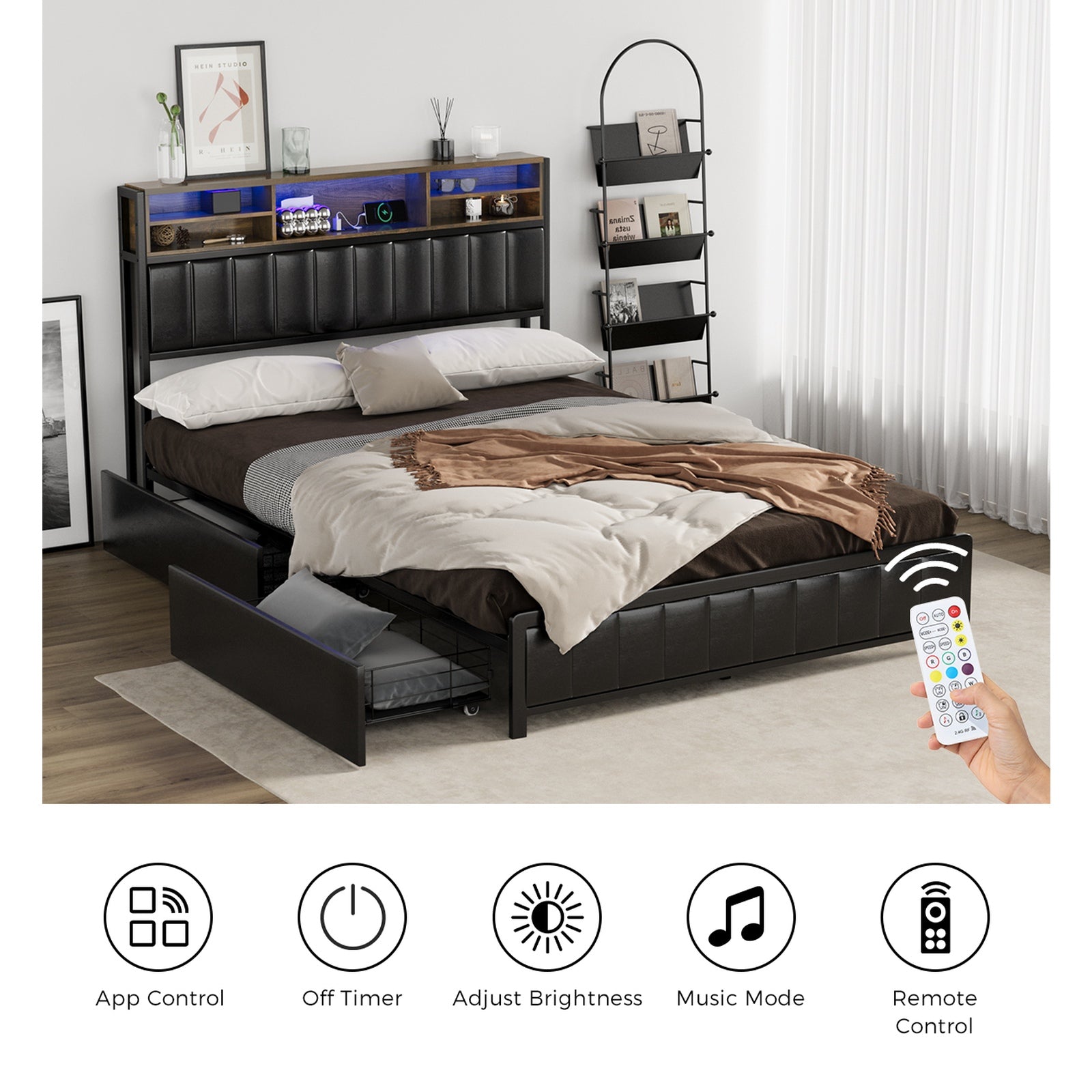 Oikiture Bed Frame Double Single Size LED Storage Bedhead 2 Drawers USB Charge