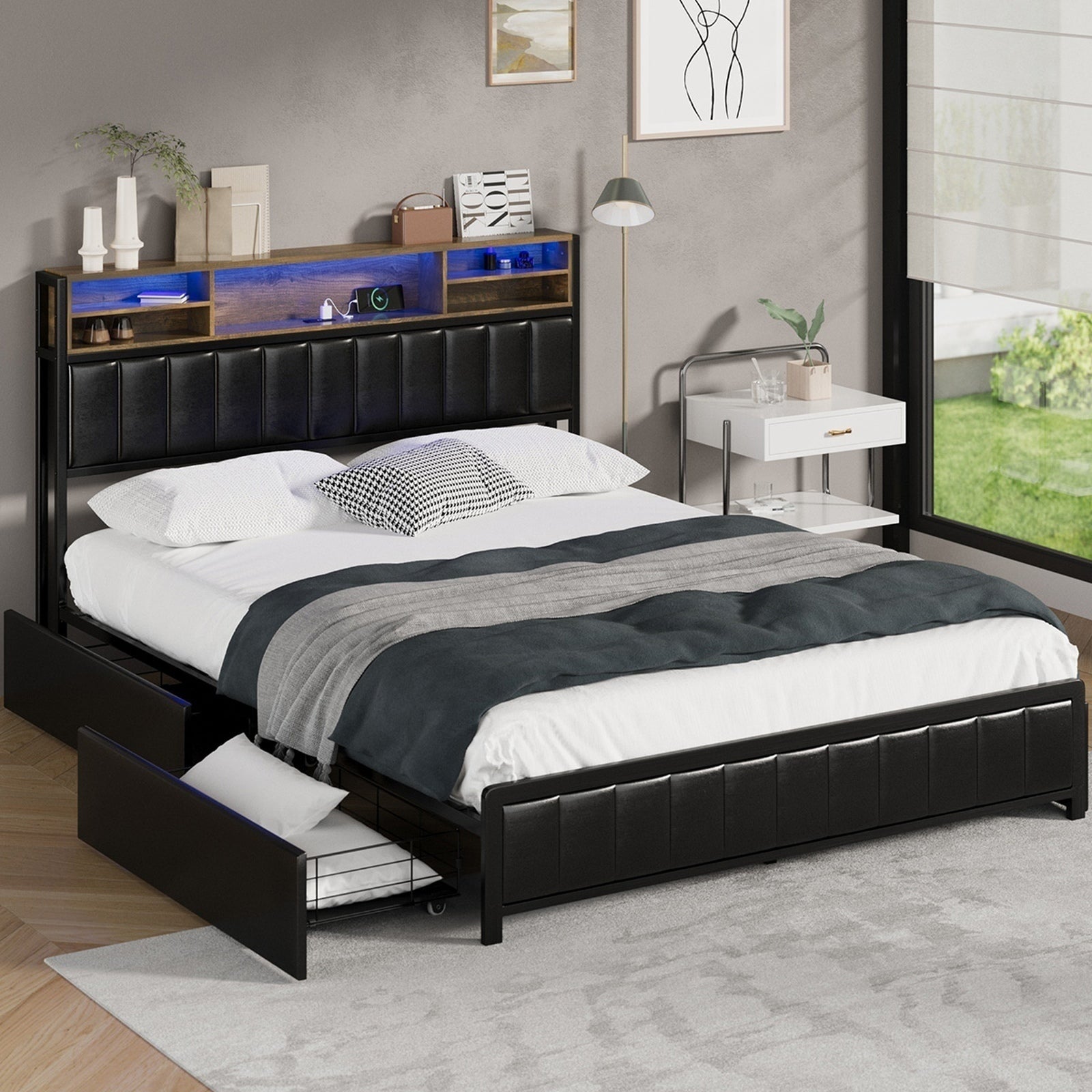 Oikiture Queen Bed Frame With LED Storage Headboard 4 Drawers USB Charge - Sunyee