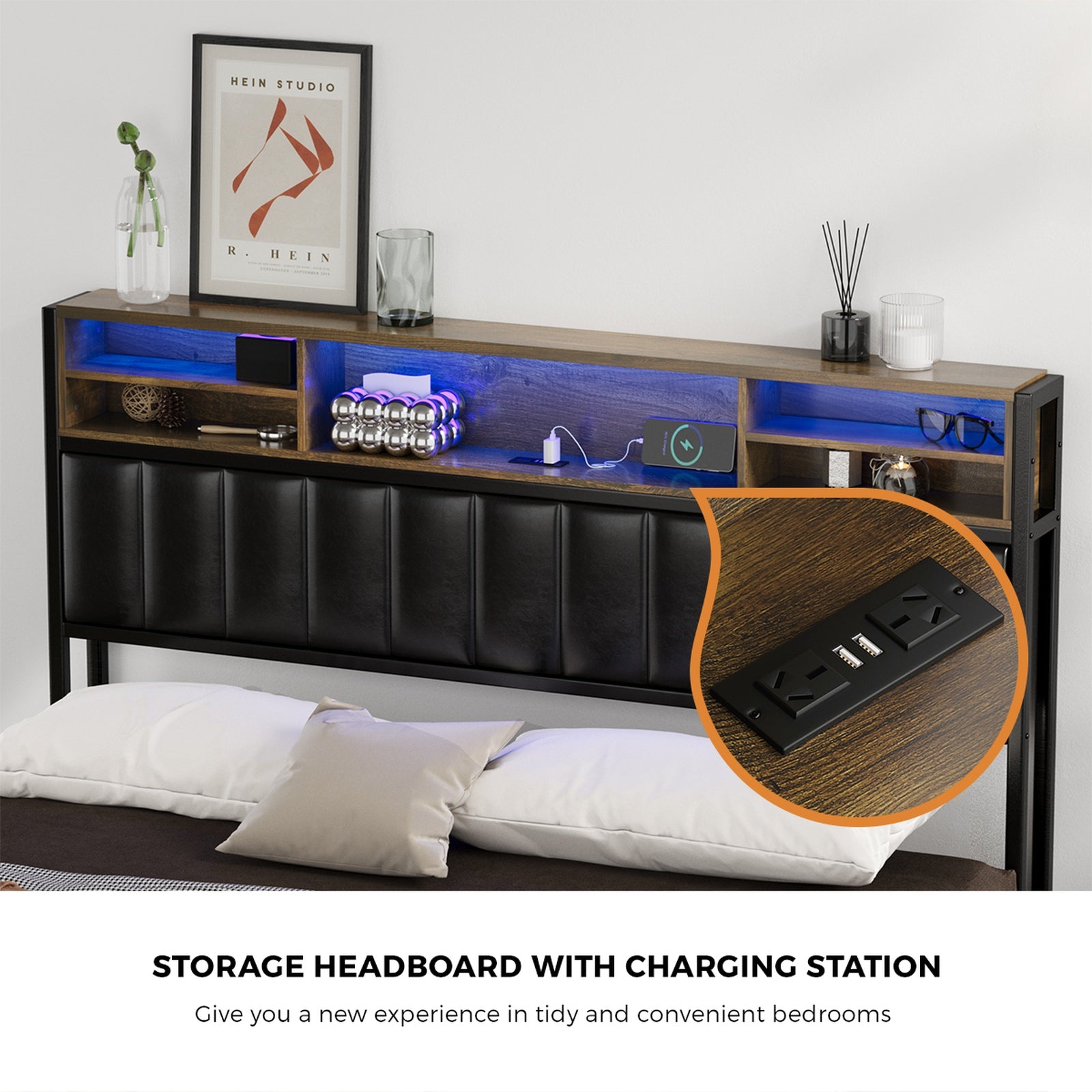 Oikiture Queen Bed Frame With LED Storage Headboard 4 Drawers USB Charge - Sunyee