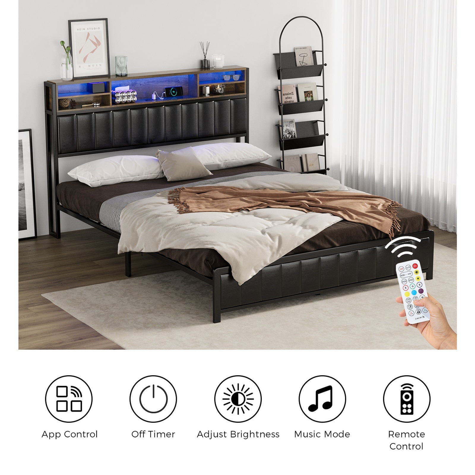 Oikiture Queen Bed Frame With LED Storage Headboard 4 Drawers USB Charge - Sunyee