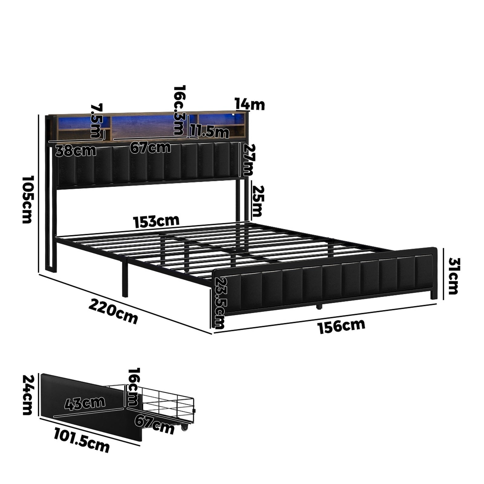 Oikiture Queen Bed Frame With LED Storage Headboard 4 Drawers USB Charge - Sunyee