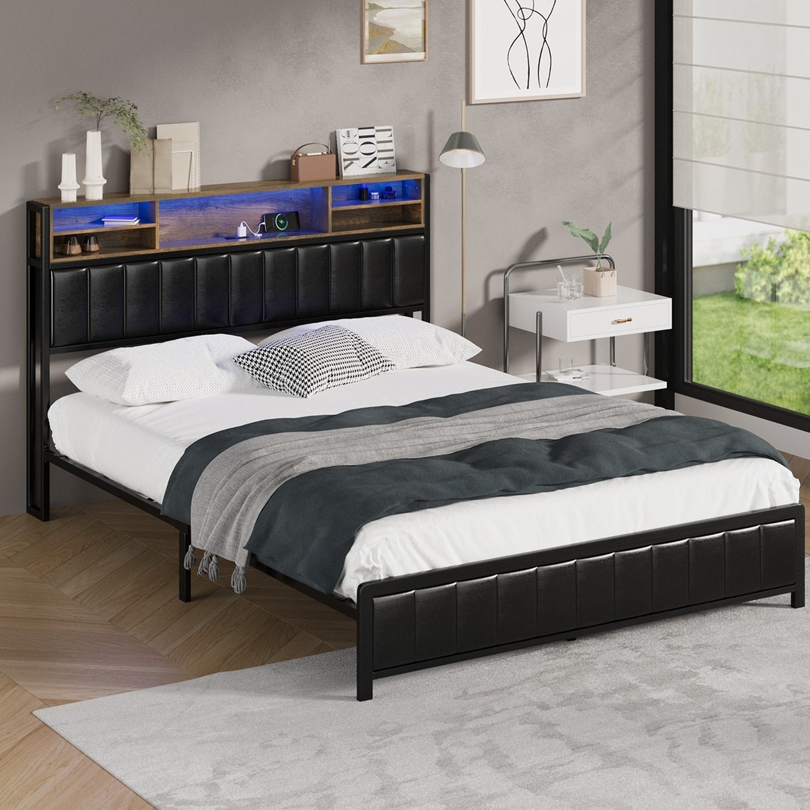 Oikiture Queen Bed Frame With LED Storage Headboard 4 Drawers USB Charge - Sunyee