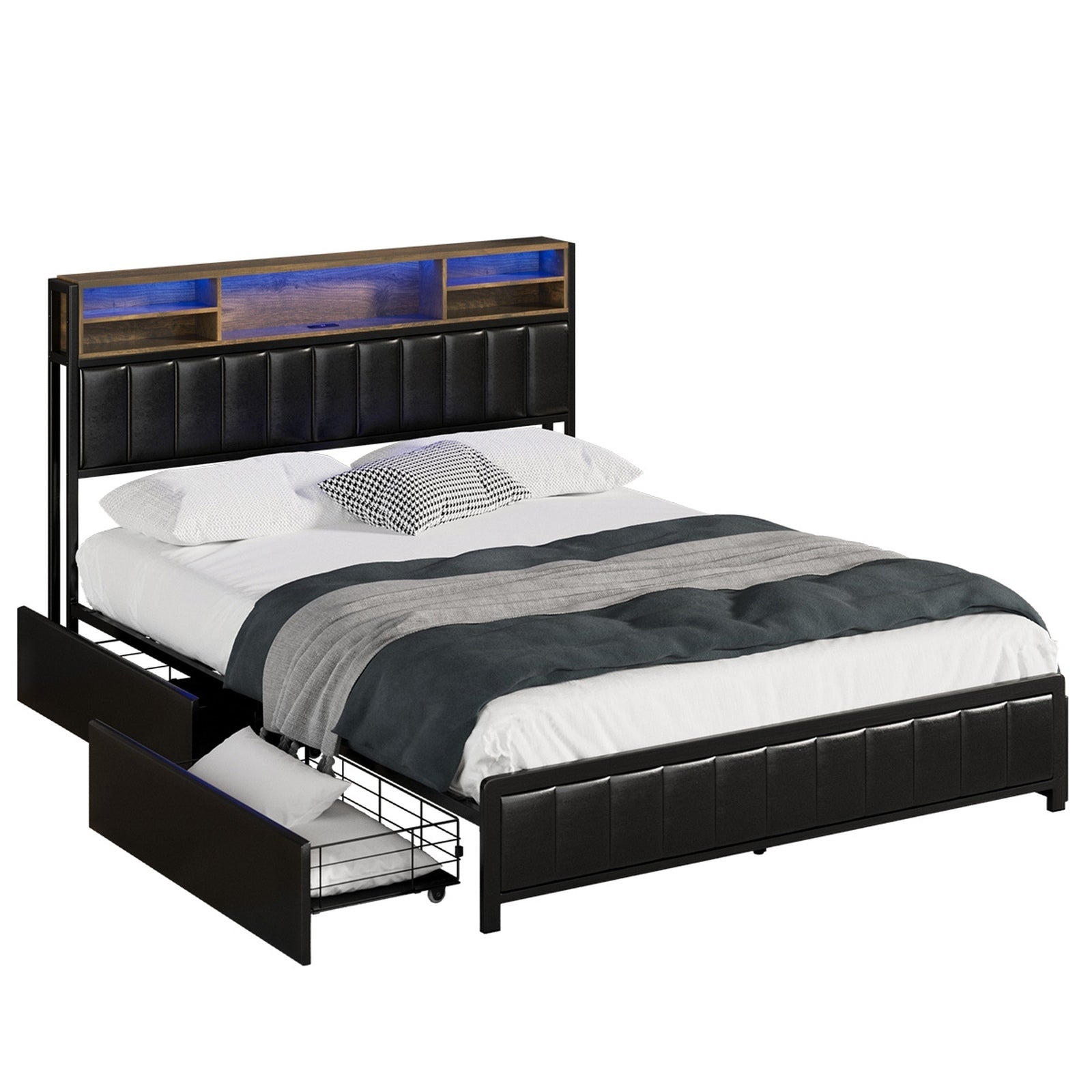 Oikiture Queen Bed Frame With LED Storage Headboard 4 Drawers USB Charge - Sunyee