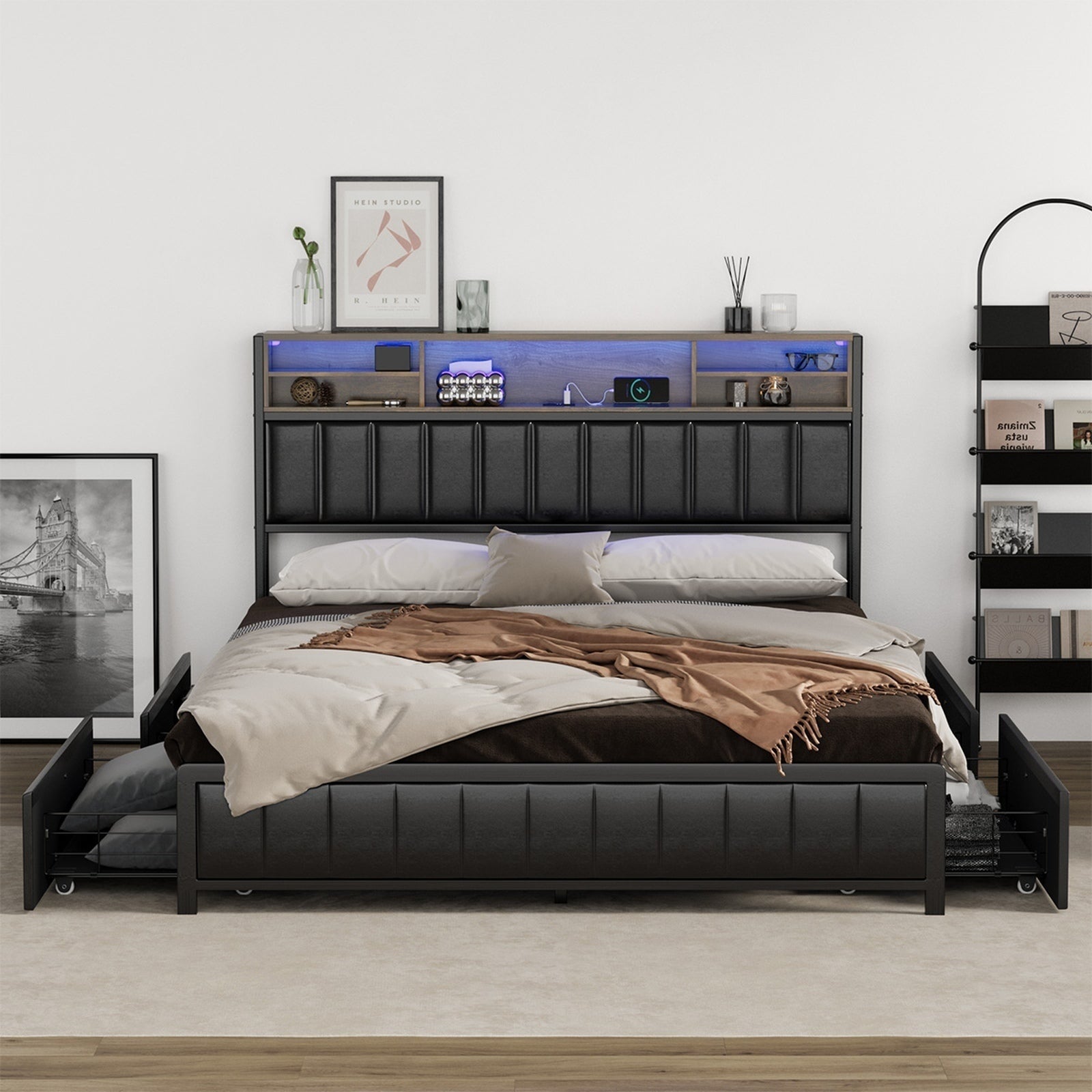 Oikiture Bed Frame Queen Size with LED Storage Bedhead 4 Drawers Leather - Sunyee
