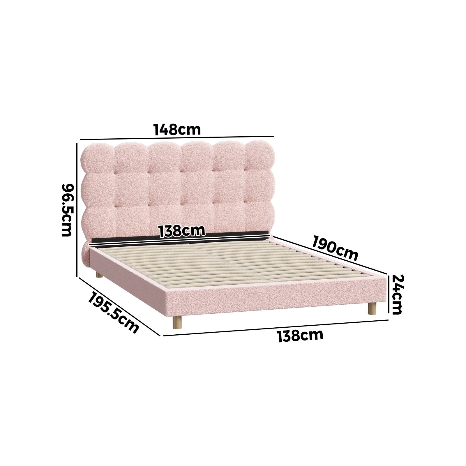 Oikiture Bed Frame Double Size Tufted Bedhead Boucle Fabric Pink - Sunyee