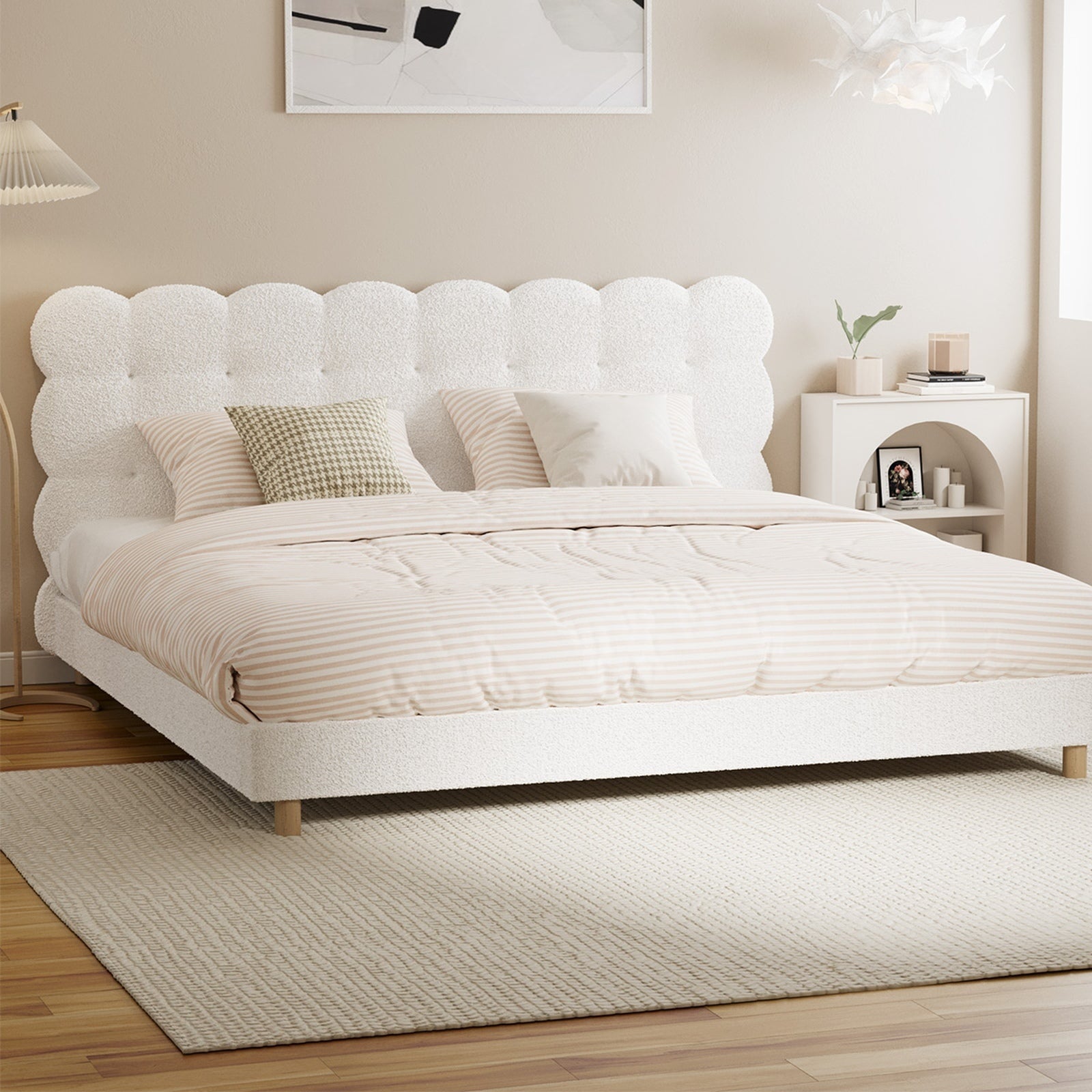 Oikiture Bed Frame King Size Tufted Bedhead Boucle Fabric White - Sunyee