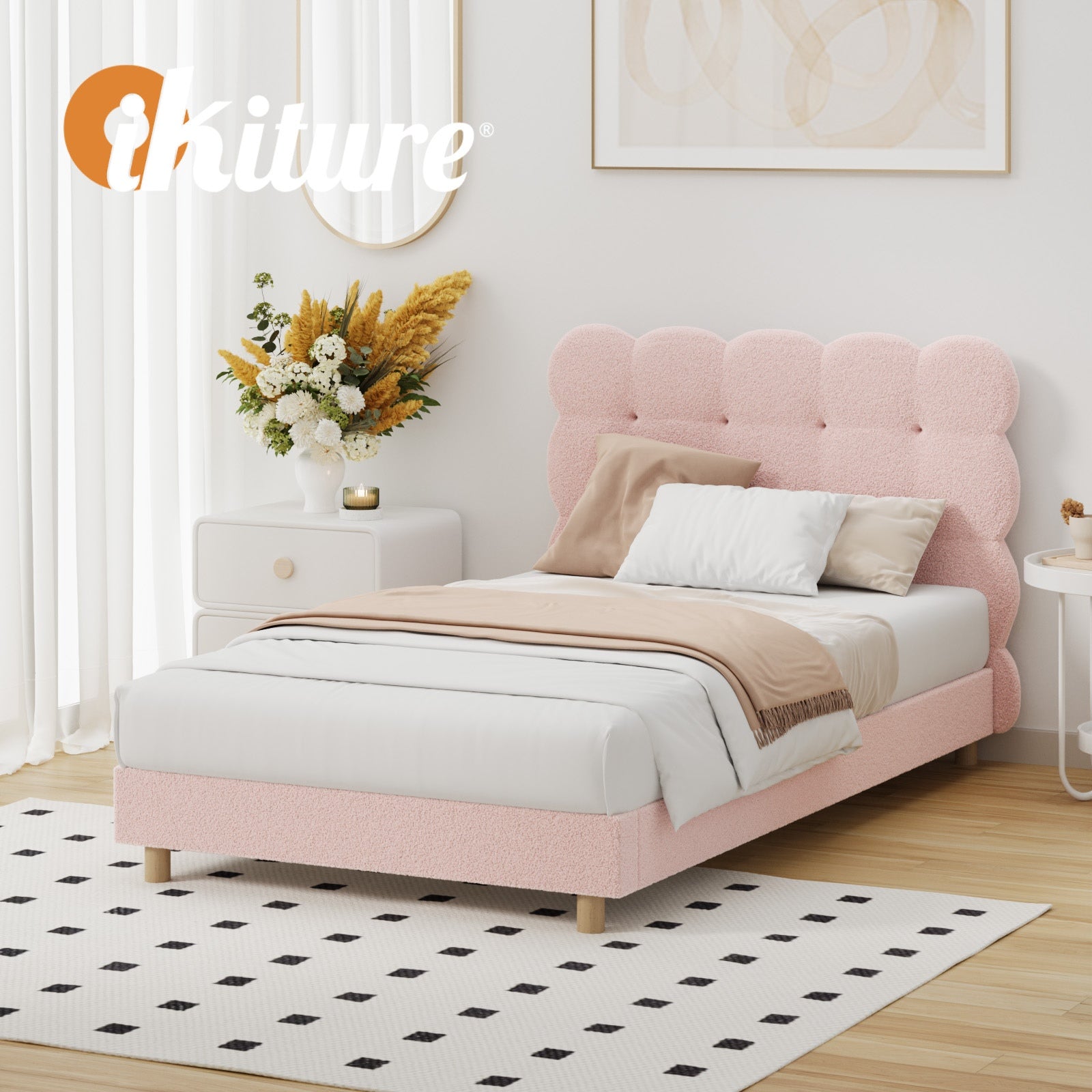 Oikiture Bed Frame King Single Tufted Bedhead Boucle Fabric Pink - Sunyee