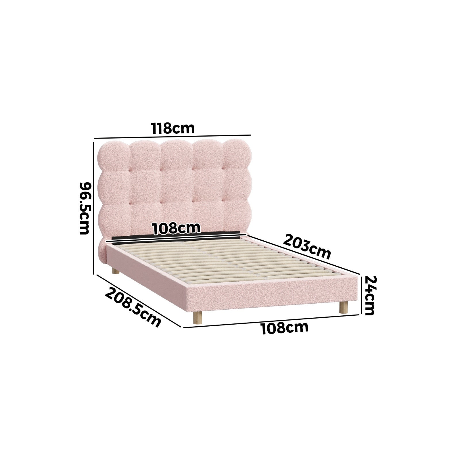 Oikiture Bed Frame King Single Tufted Bedhead Boucle Fabric Pink - Sunyee