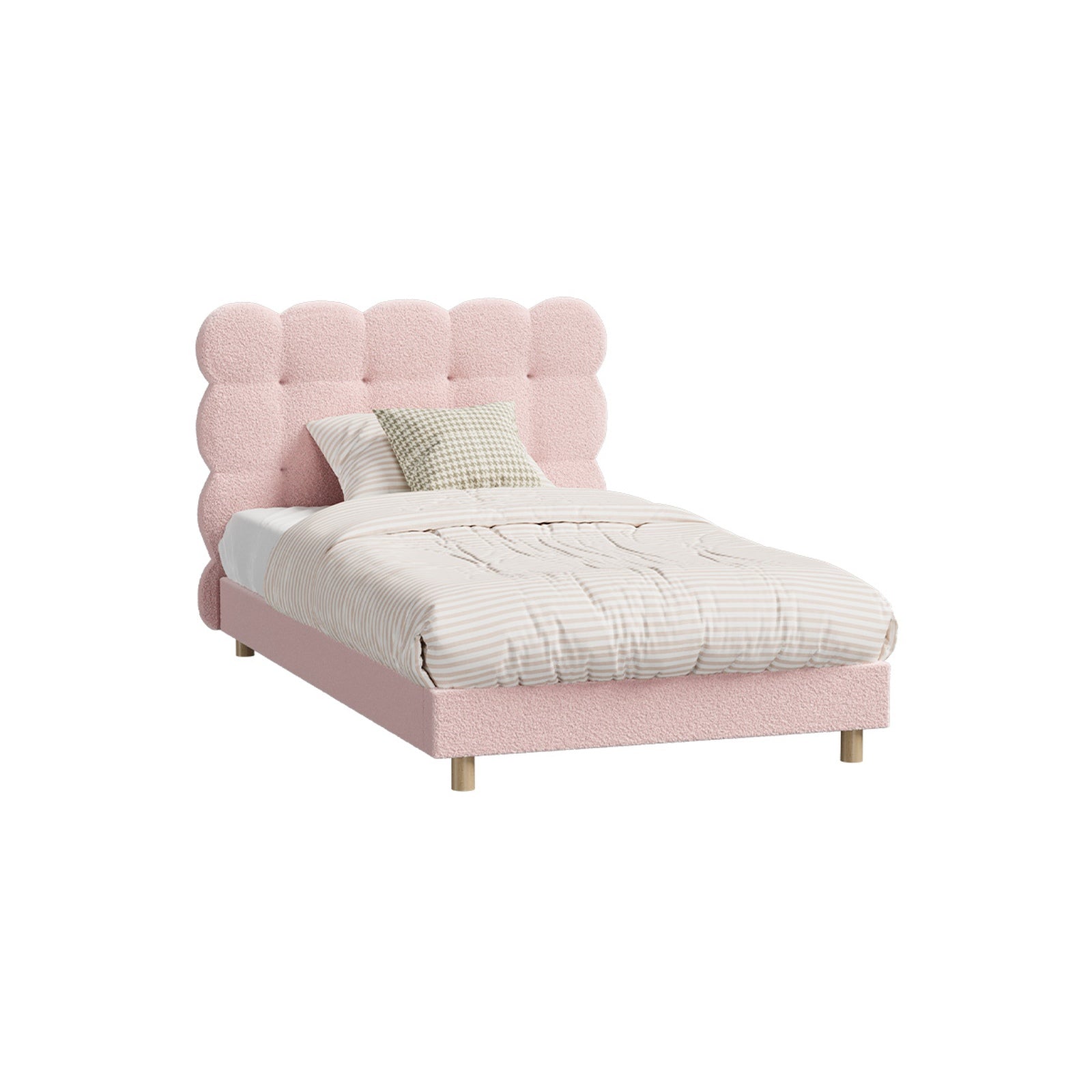 Oikiture Bed Frame King Single Tufted Bedhead Boucle Fabric Pink - Sunyee