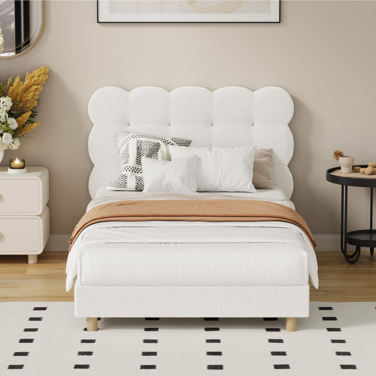 Oikiture Bed Frame King Single Tufted Bedhead Boucle Fabric White - Sunyee