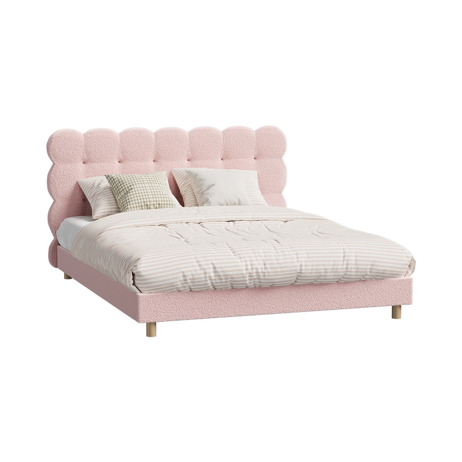 Oikiture Bed Frame Queen Size Tufted Bedhead Boucle Fabric Pink - Sunyee