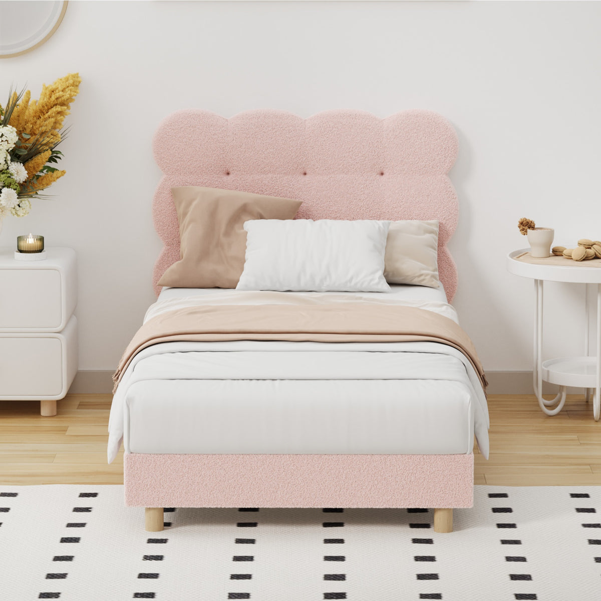 Oikiture Bed Frame Single Size Tufted Bedhead Boucle Fabric Pink - Sunyee
