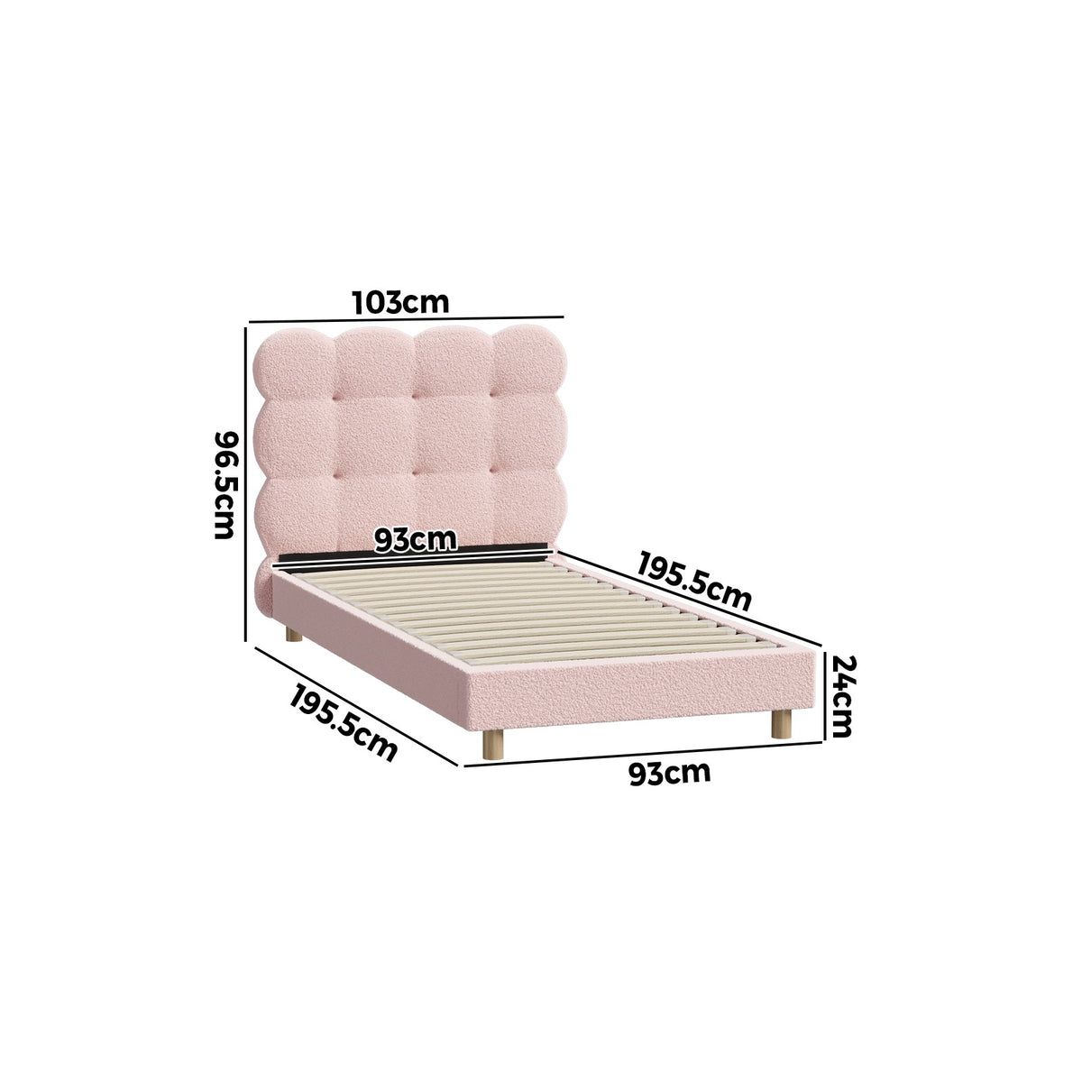 Oikiture Bed Frame Single Size Tufted Bedhead Boucle Fabric Pink - Sunyee
