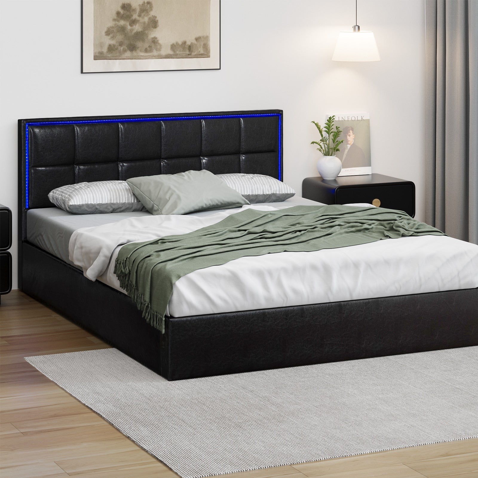 Oikiture Bed Frame Queen Double King Single Size RGB LED Gas Lift Storage Base - Sunyee