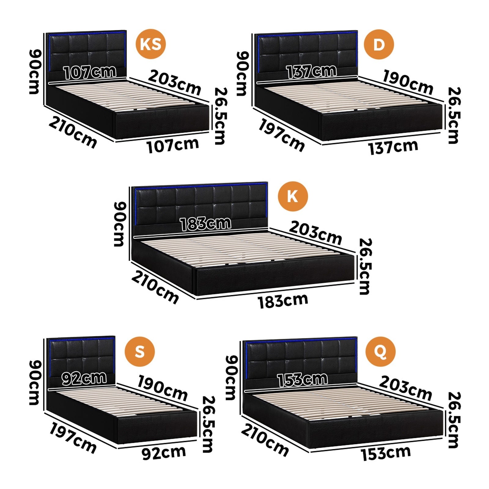 Oikiture Bed Frame Queen Double King Single Size RGB LED Gas Lift Storage Base - Sunyee