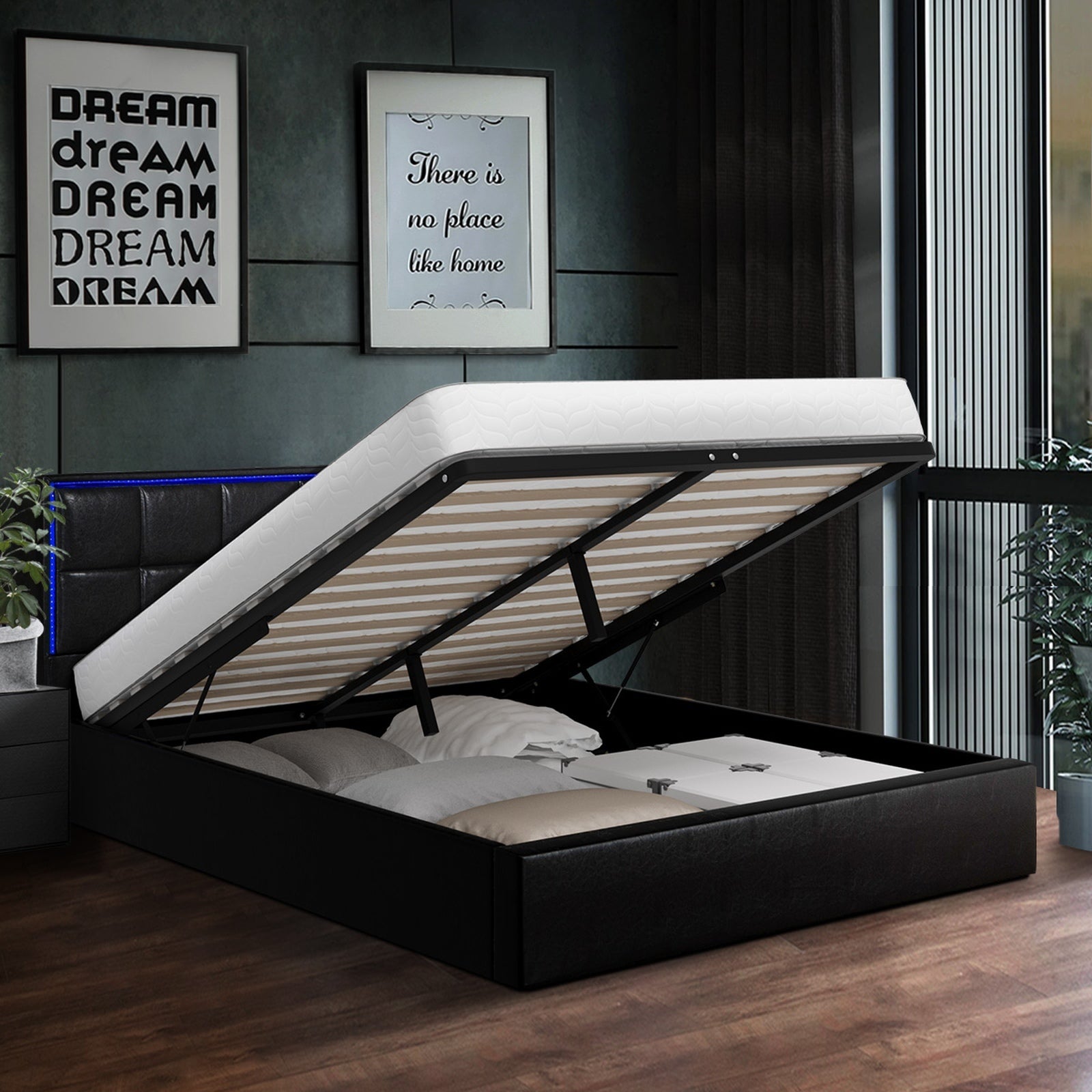 Oikiture Bed Frame Double Size RGB LED Gas Lift Storage Base Leather - Sunyee