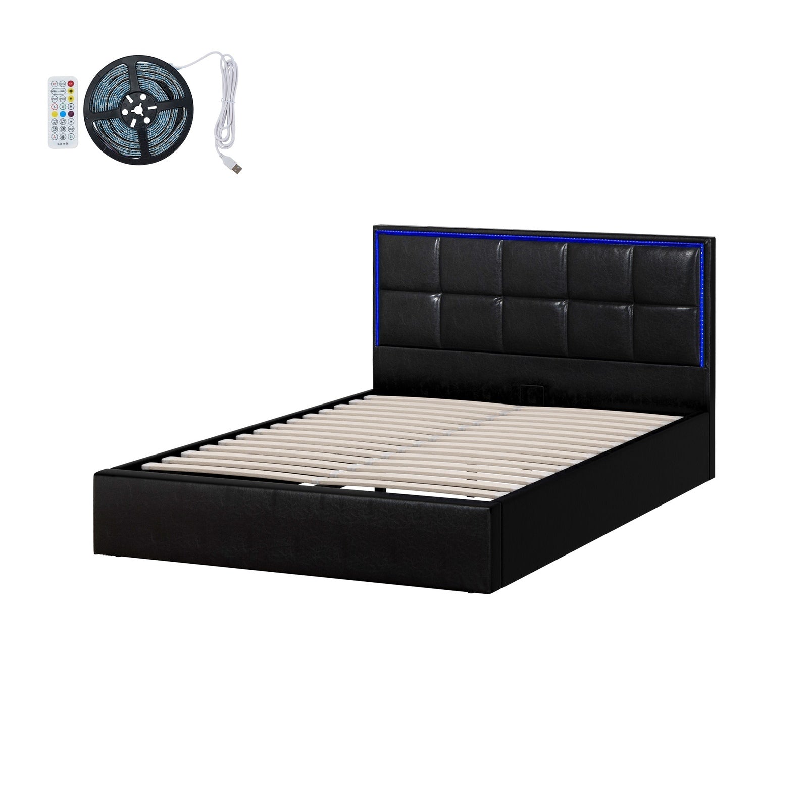 Oikiture Bed Frame Double Size RGB LED Gas Lift Storage Base Leather - Sunyee