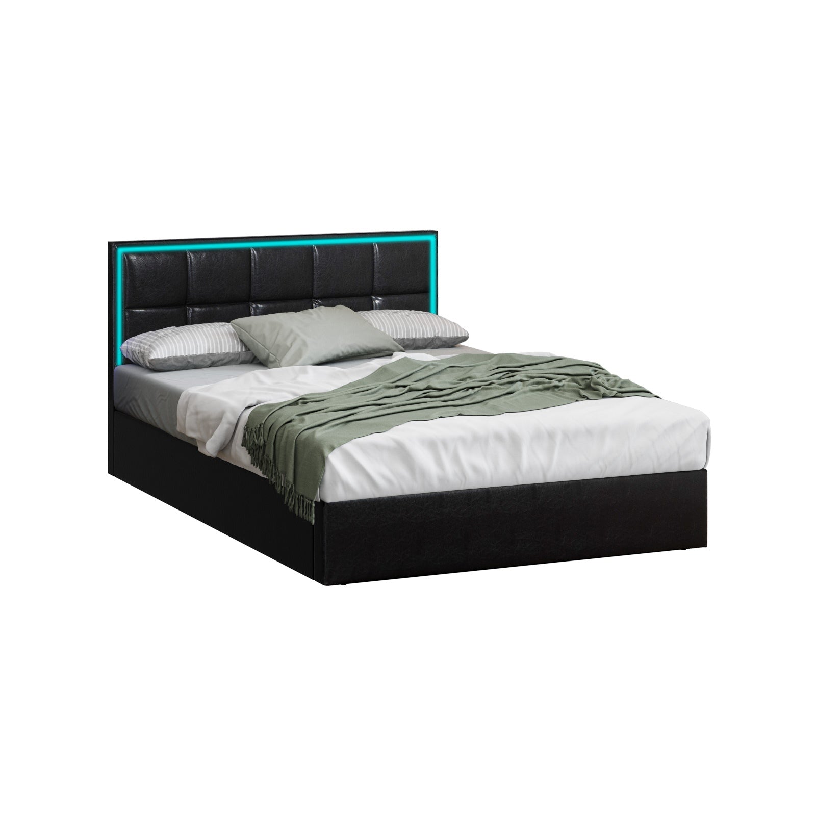 Oikiture Bed Frame Double Size RGB LED Gas Lift Storage Base Leather - Sunyee