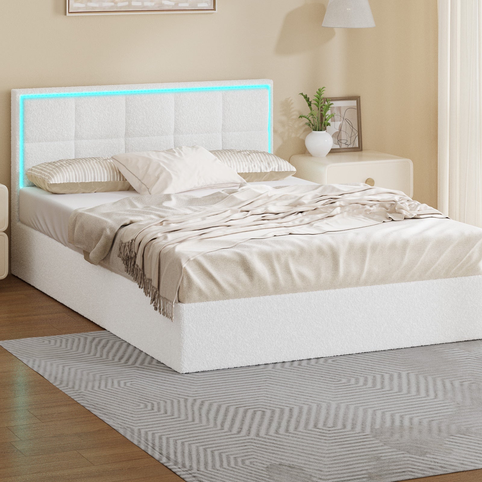 Oikiture Bed Frame Double Size RGB LED Gas Lift Storage Base White Boucle - Sunyee