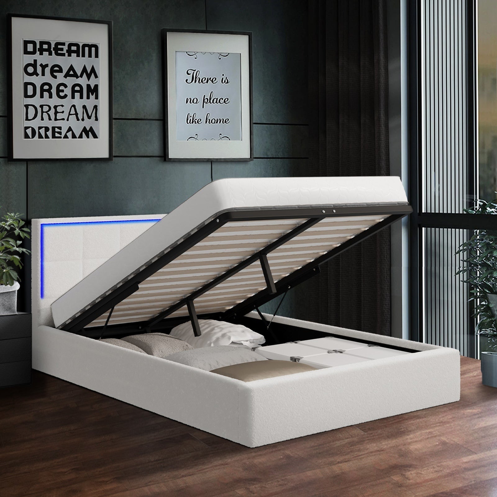 Oikiture Bed Frame Double Size RGB LED Gas Lift Storage Base White Boucle - Sunyee