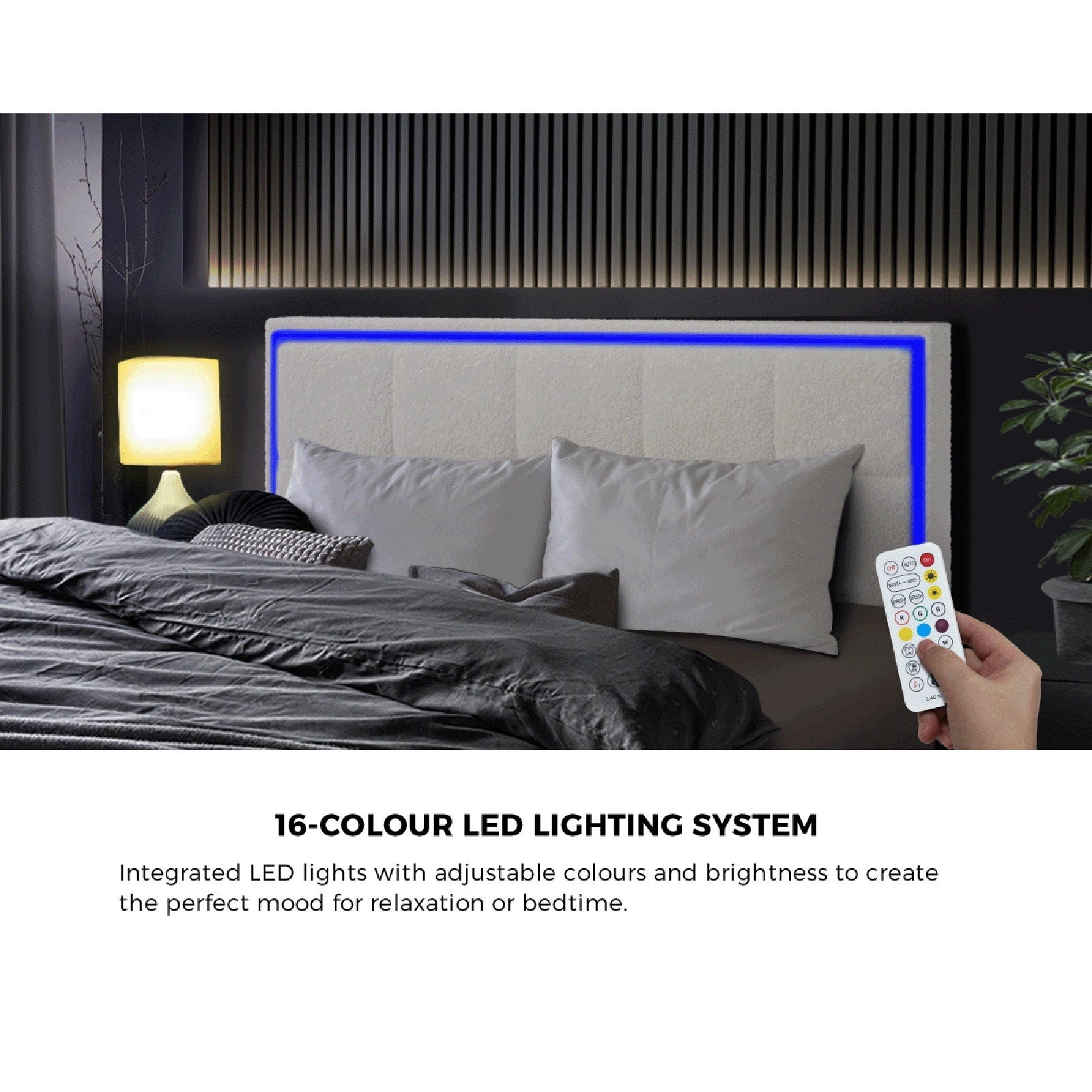 Oikiture Bed Frame Double Size RGB LED Gas Lift Storage Base White Boucle - Sunyee