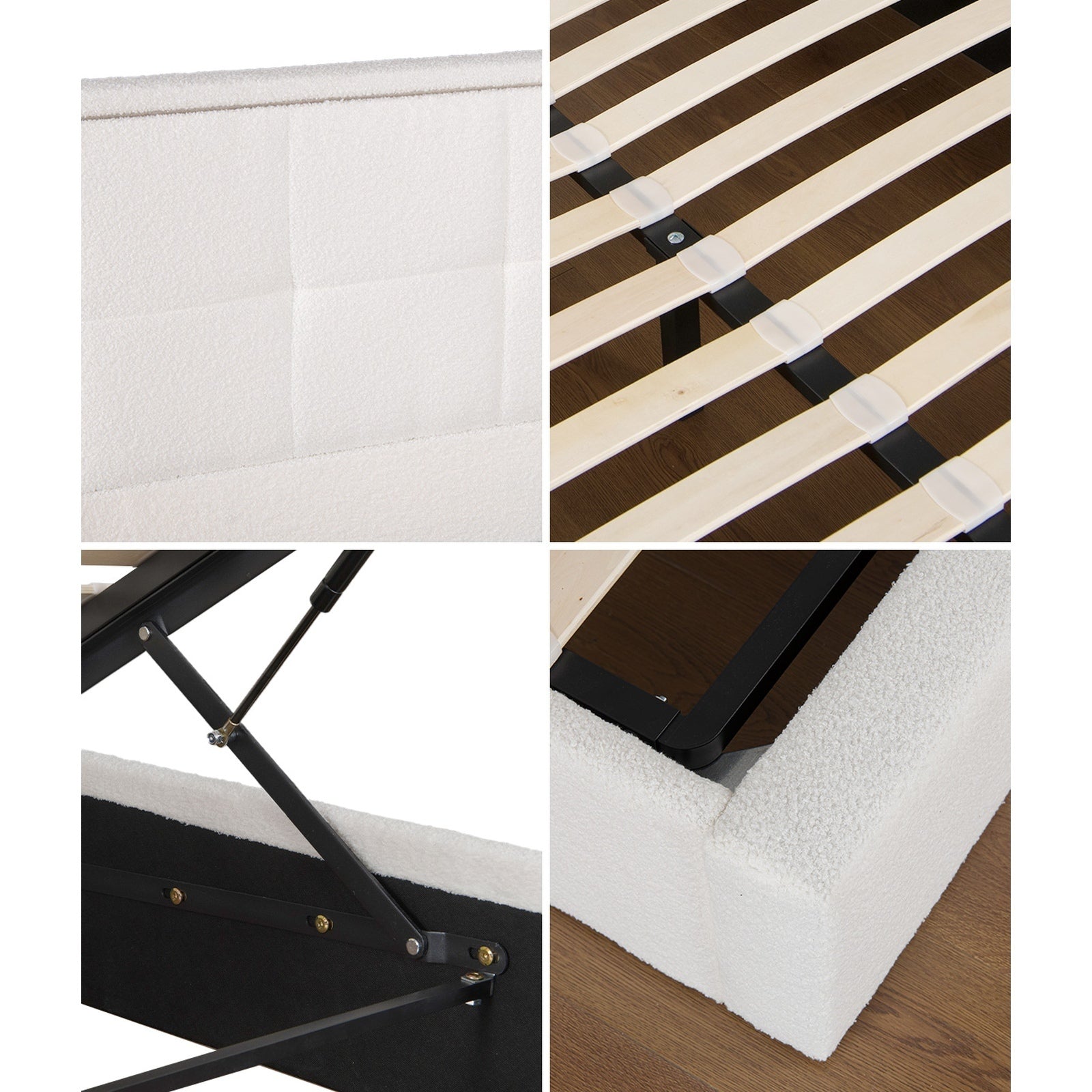 Oikiture Bed Frame Double Size RGB LED Gas Lift Storage Base White Boucle - Sunyee