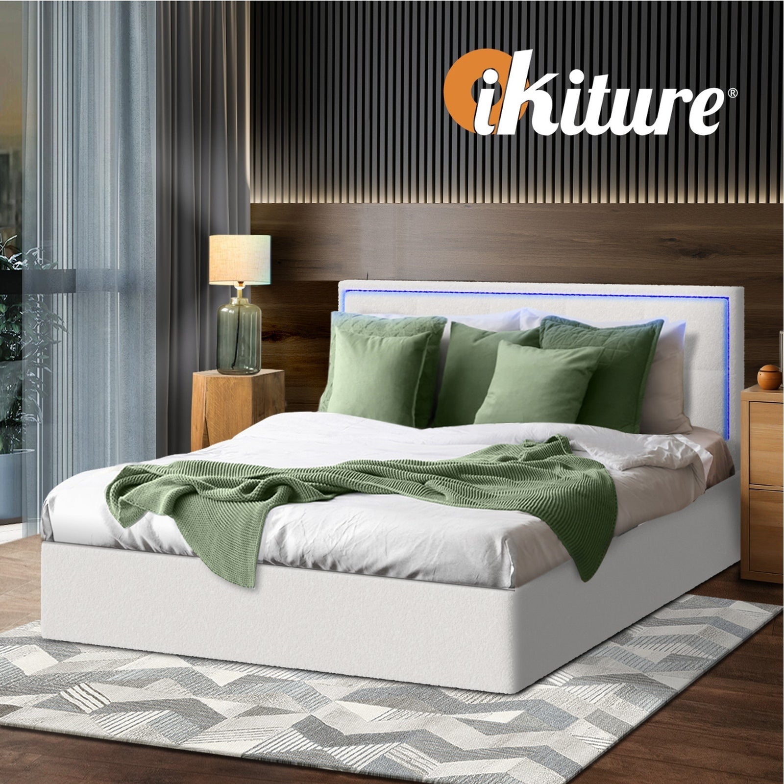 Oikiture Bed Frame Double Size RGB LED Gas Lift Storage Base White Boucle - Sunyee