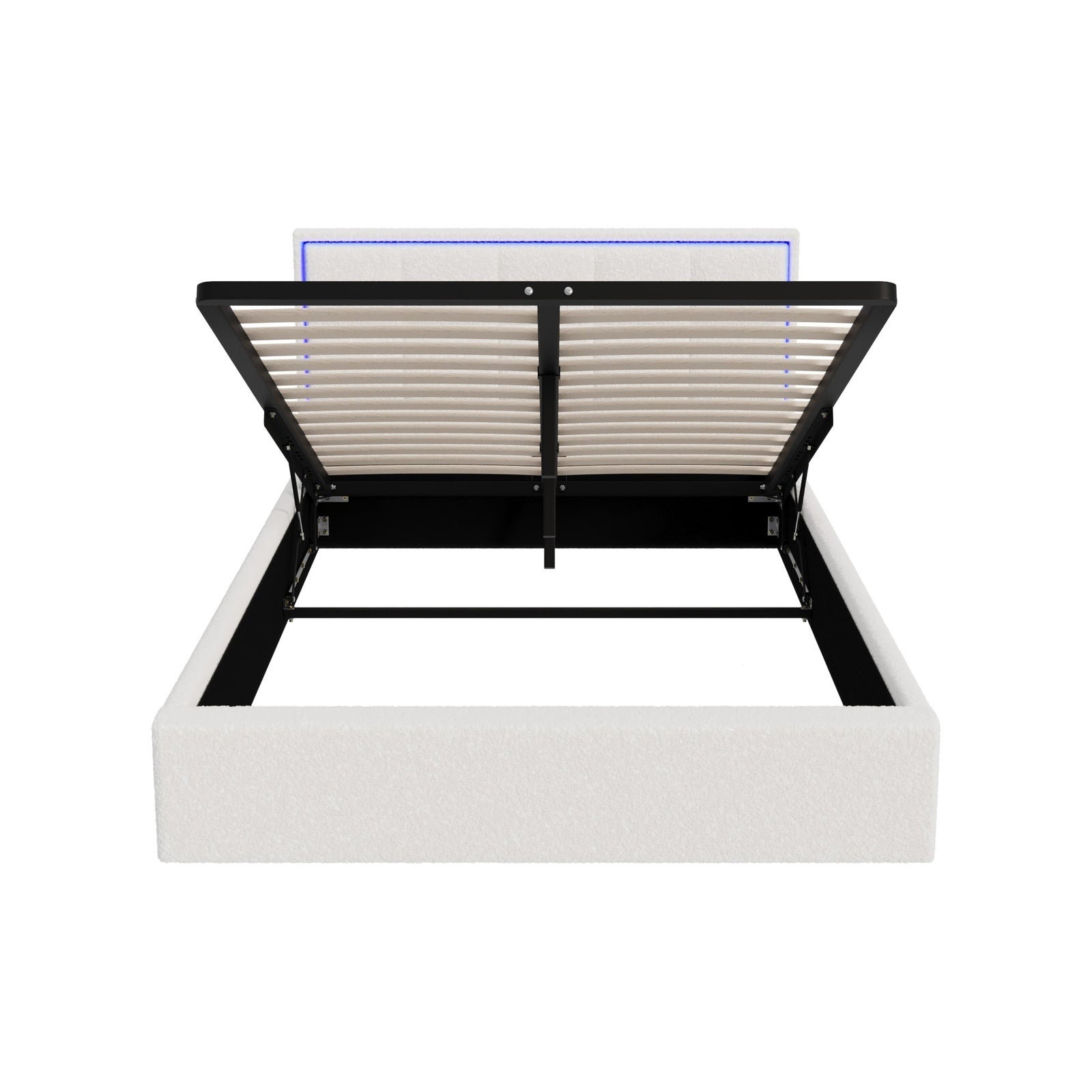 Oikiture Bed Frame Double Size RGB LED Gas Lift Storage Base White Boucle - Sunyee