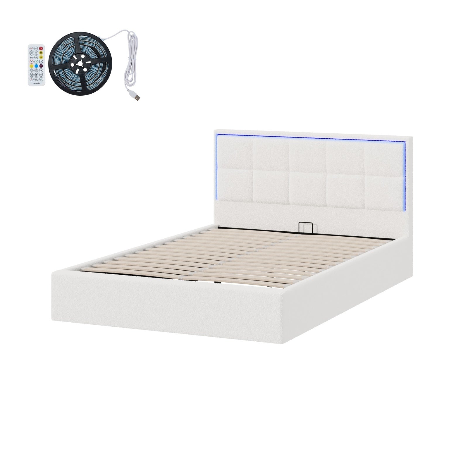 Oikiture Bed Frame Double Size RGB LED Gas Lift Storage Base White Boucle - Sunyee
