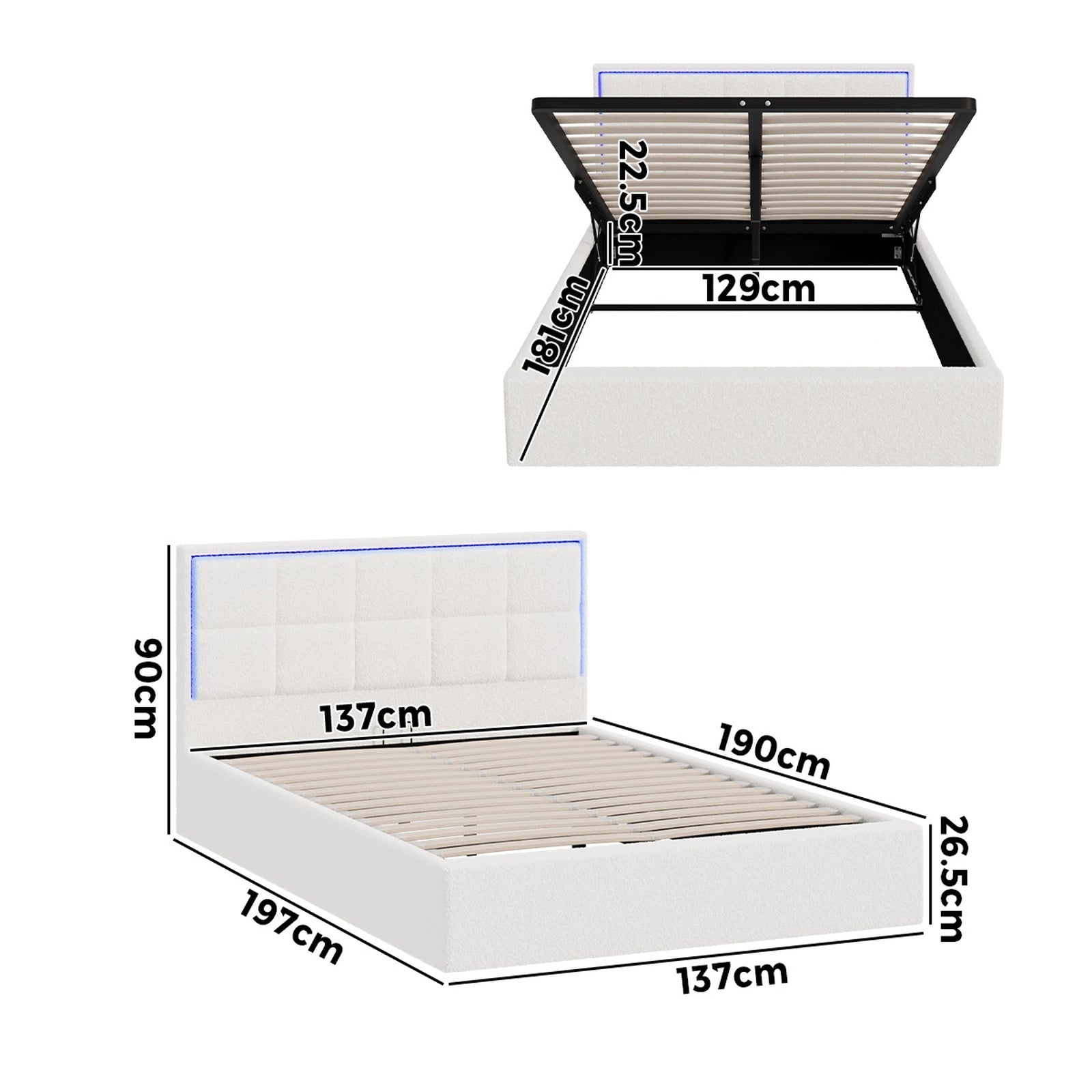 Oikiture Bed Frame Double Size RGB LED Gas Lift Storage Base White Boucle - Sunyee