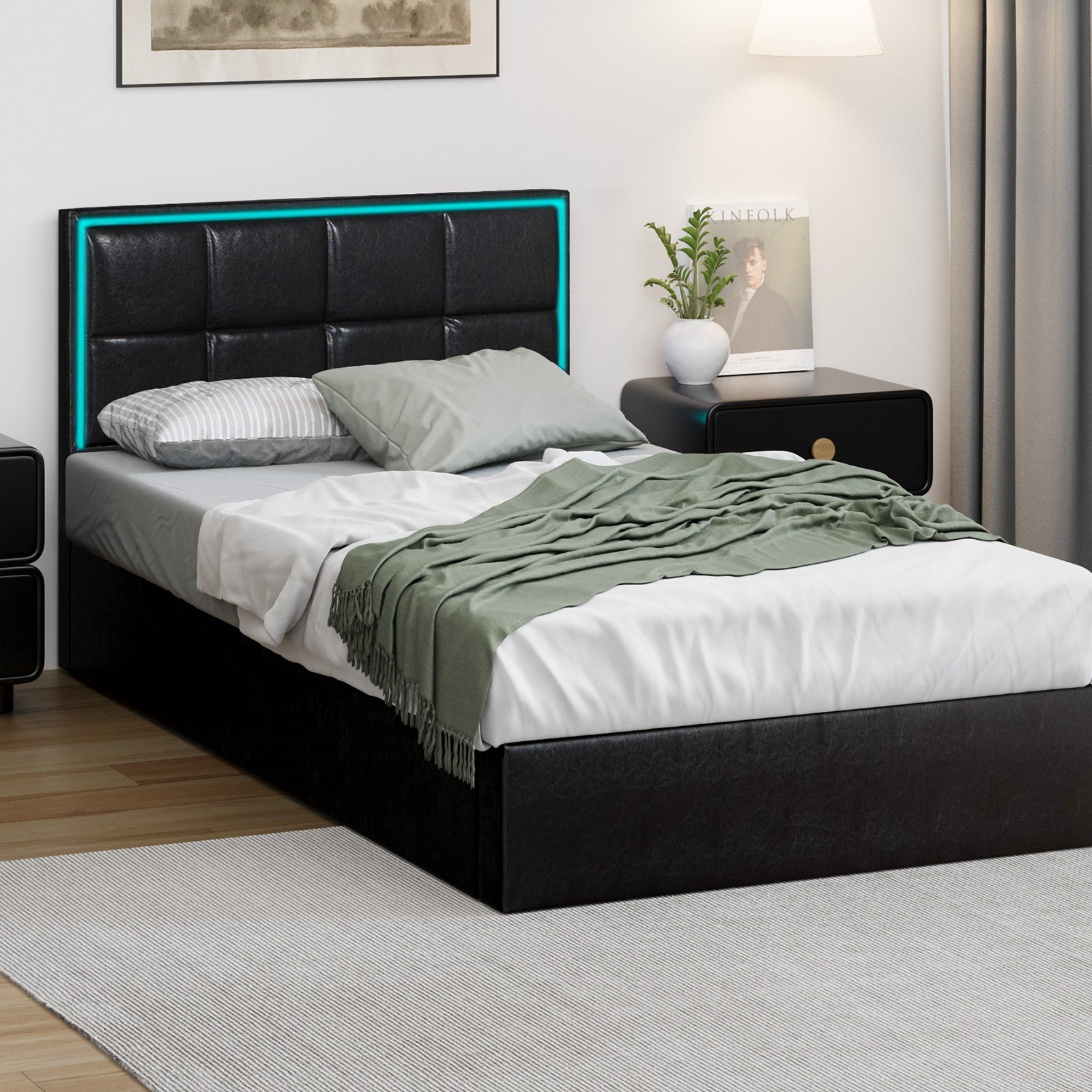 Oikiture Bed Frame Queen Double King Single Size RGB LED Gas Lift Storage Base - Sunyee