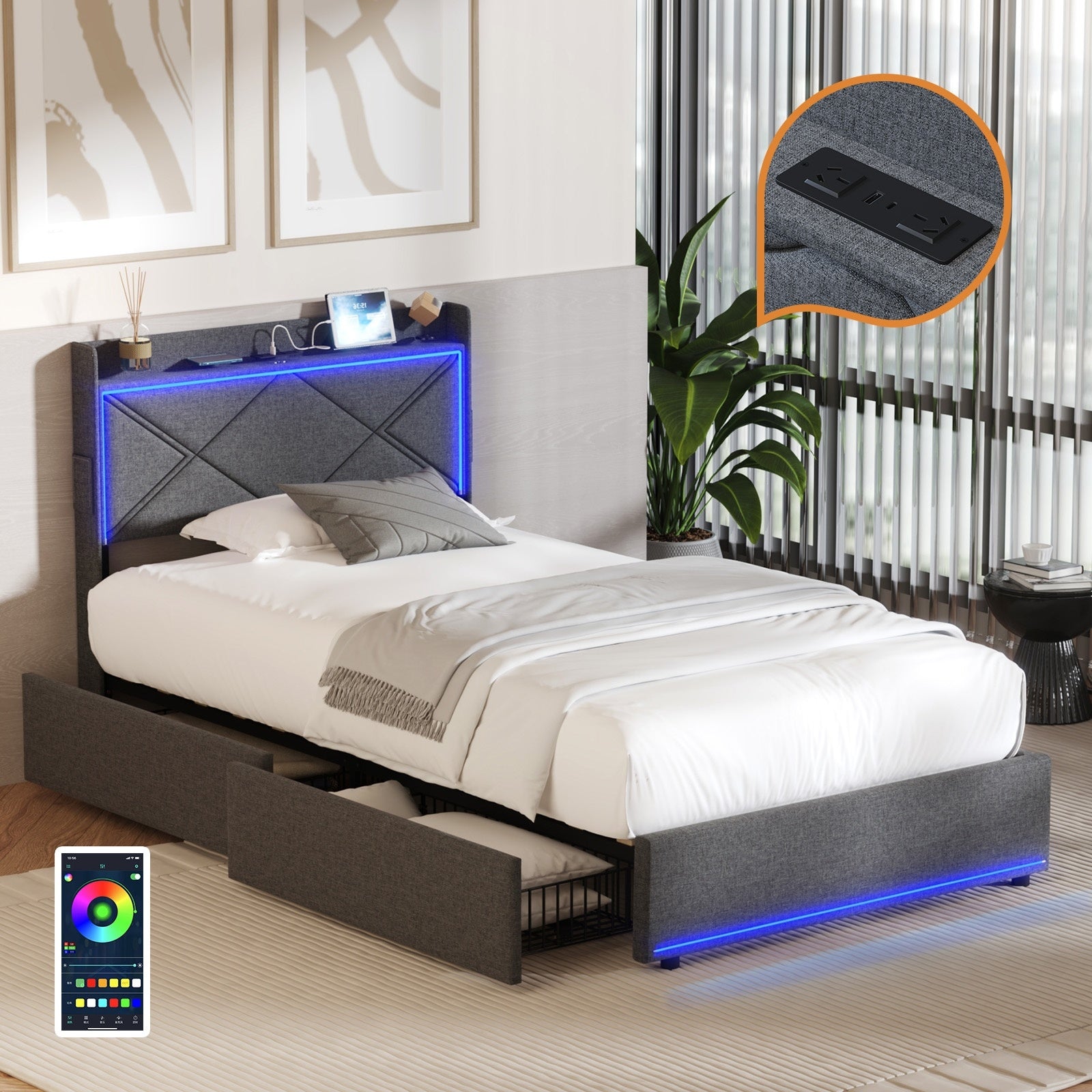 Oikiture Bed Frame King Single Size with LED Headboard Charging Port 4 Drawers - Sunyee