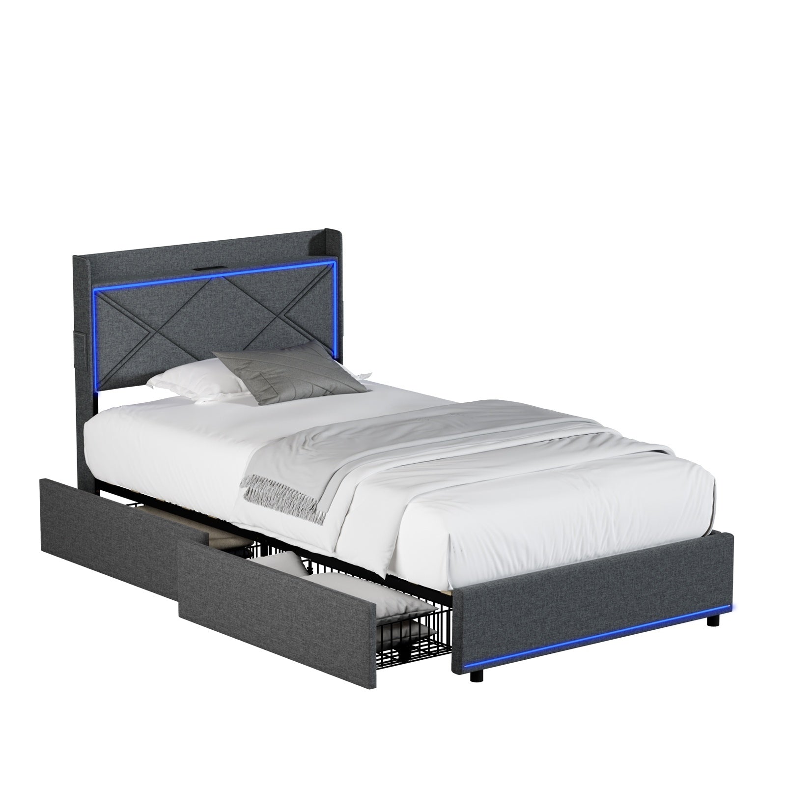 Oikiture Bed Frame King Single Size with LED Headboard Charging Port 4 Drawers - Sunyee