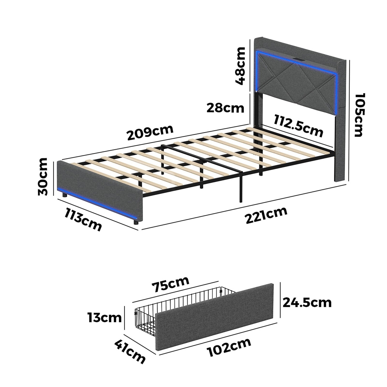 Oikiture Bed Frame King Single Size with LED Headboard Charging Port 4 Drawers - Sunyee