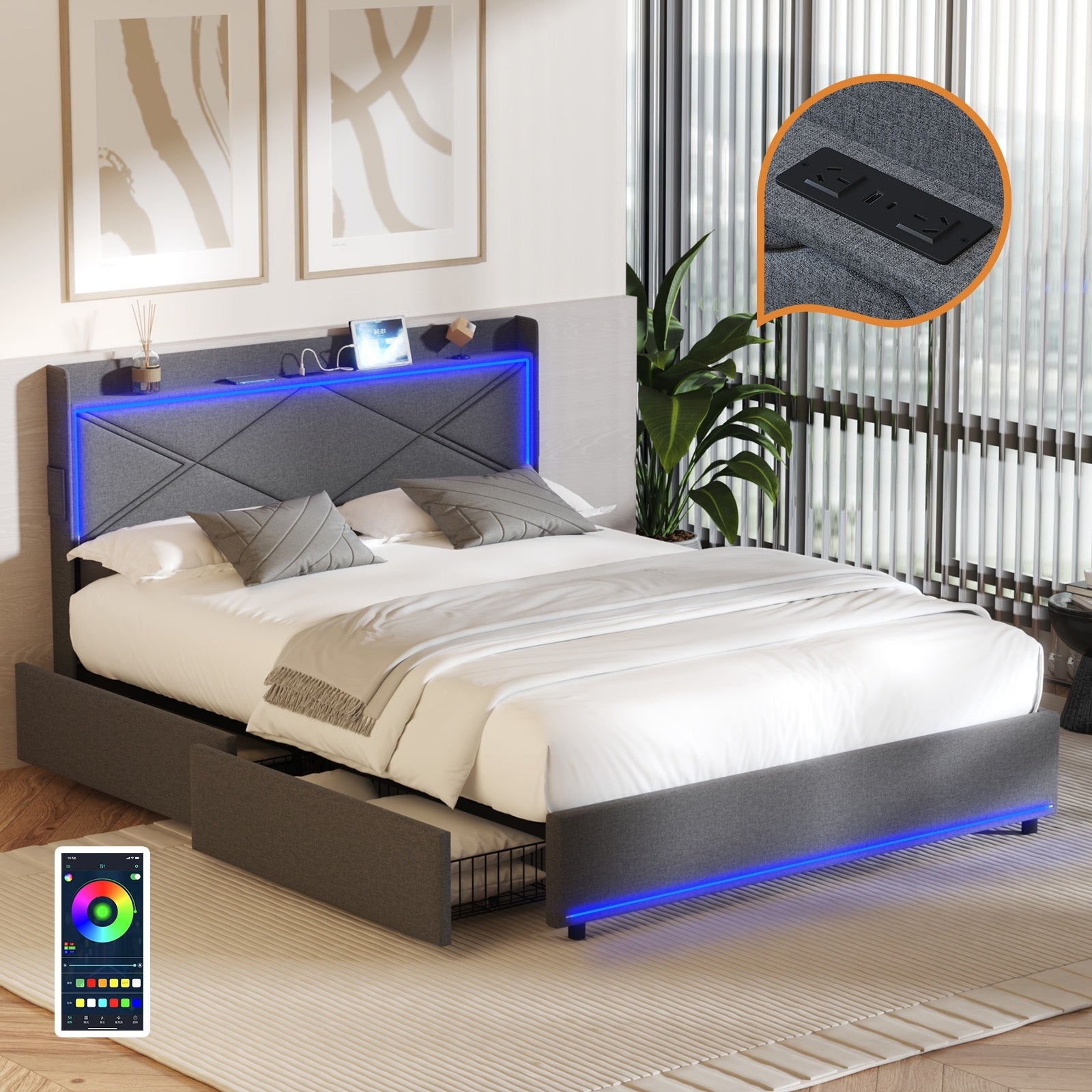Oikiture Bed Frame Queen Size with LED Headboard Charging Port 4 Drawers - Sunyee