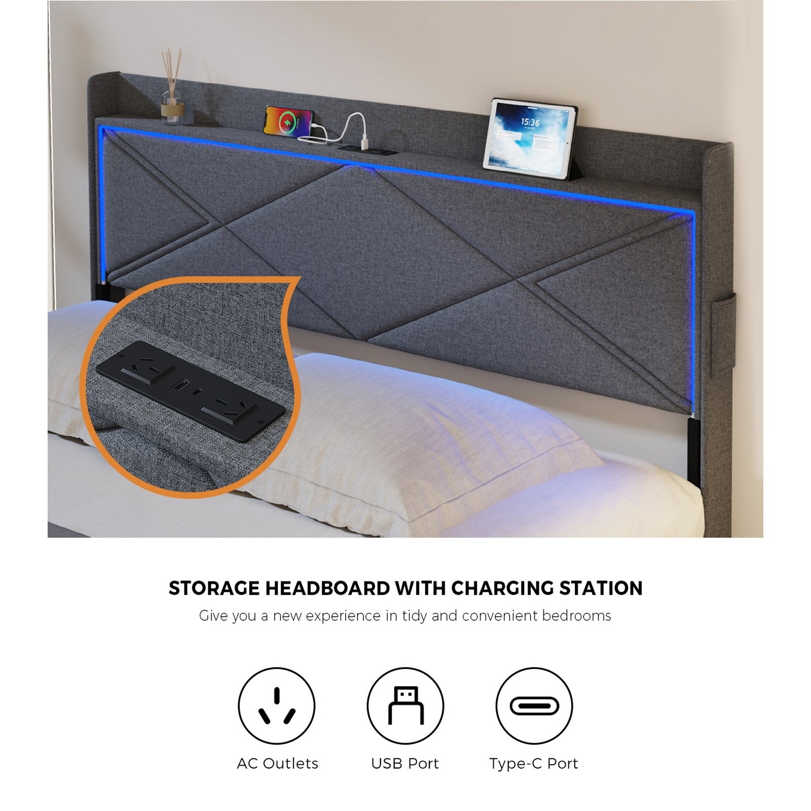 Oikiture Bed Frame Queen Size with LED Headboard Charging Port 4 Drawers - Sunyee