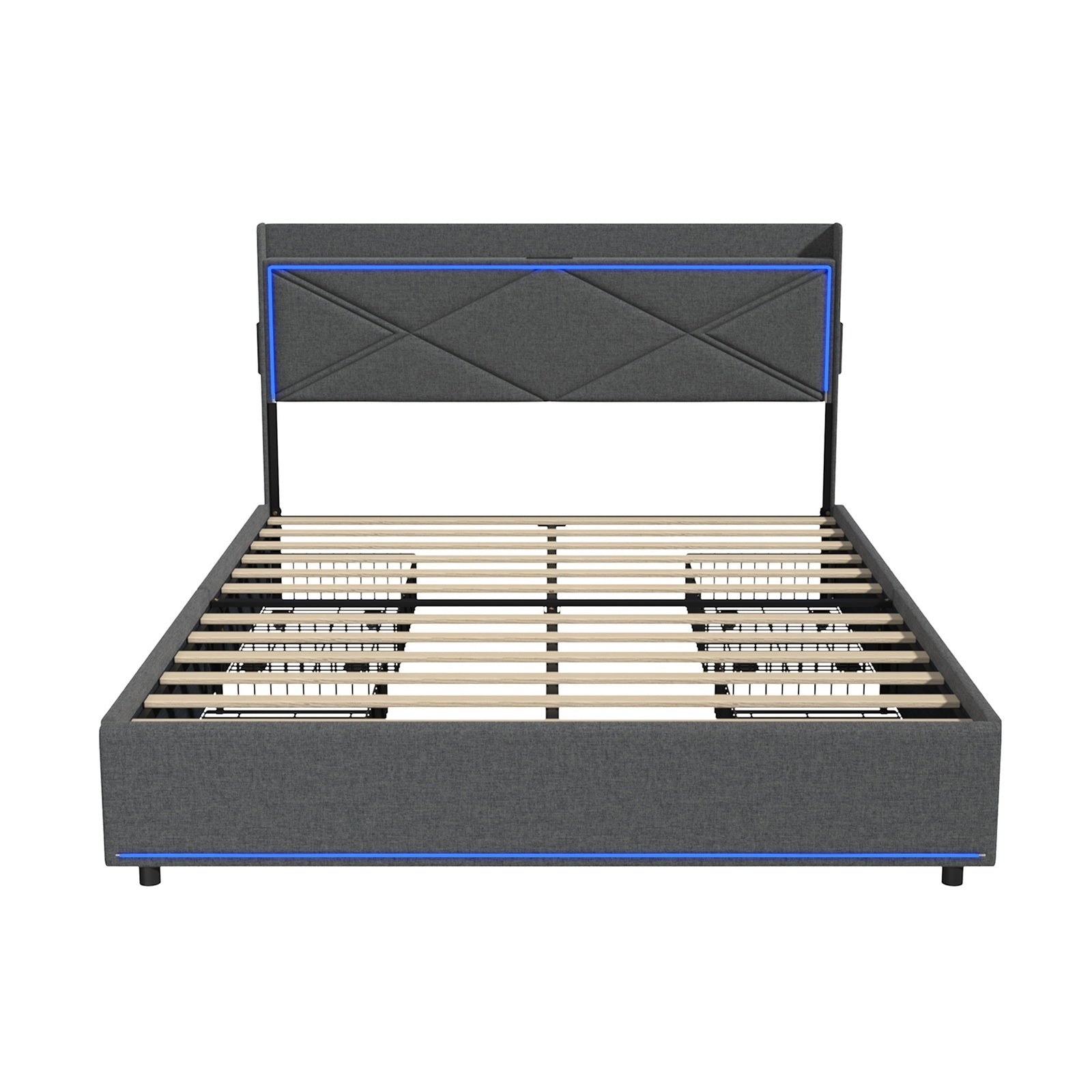Oikiture Bed Frame Queen Size with LED Headboard Charging Port 4 Drawers - Sunyee