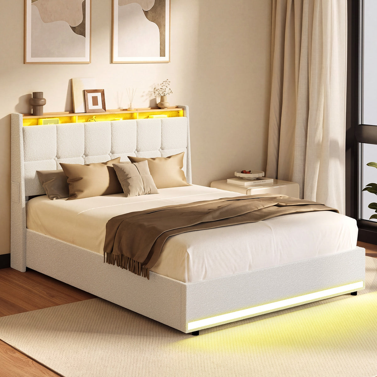 Oikiture Bed Frame Double Size RGB LED Light Gas Lift Beds White Boucle - Sunyee