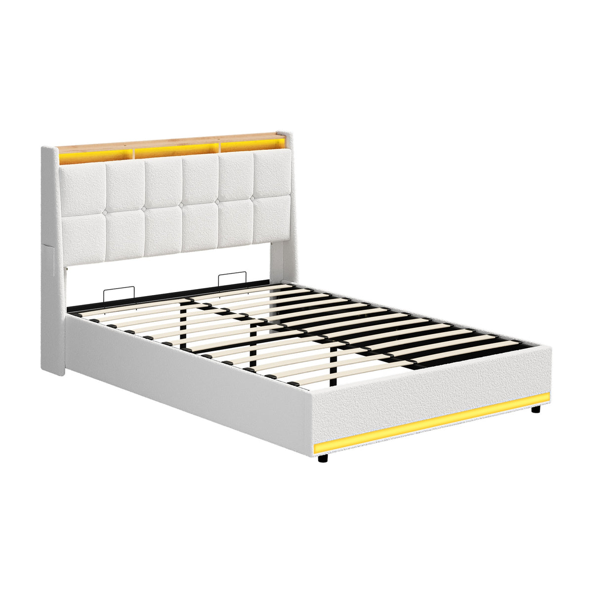Oikiture Bed Frame Double Size RGB LED Light Gas Lift Beds White Boucle - Sunyee