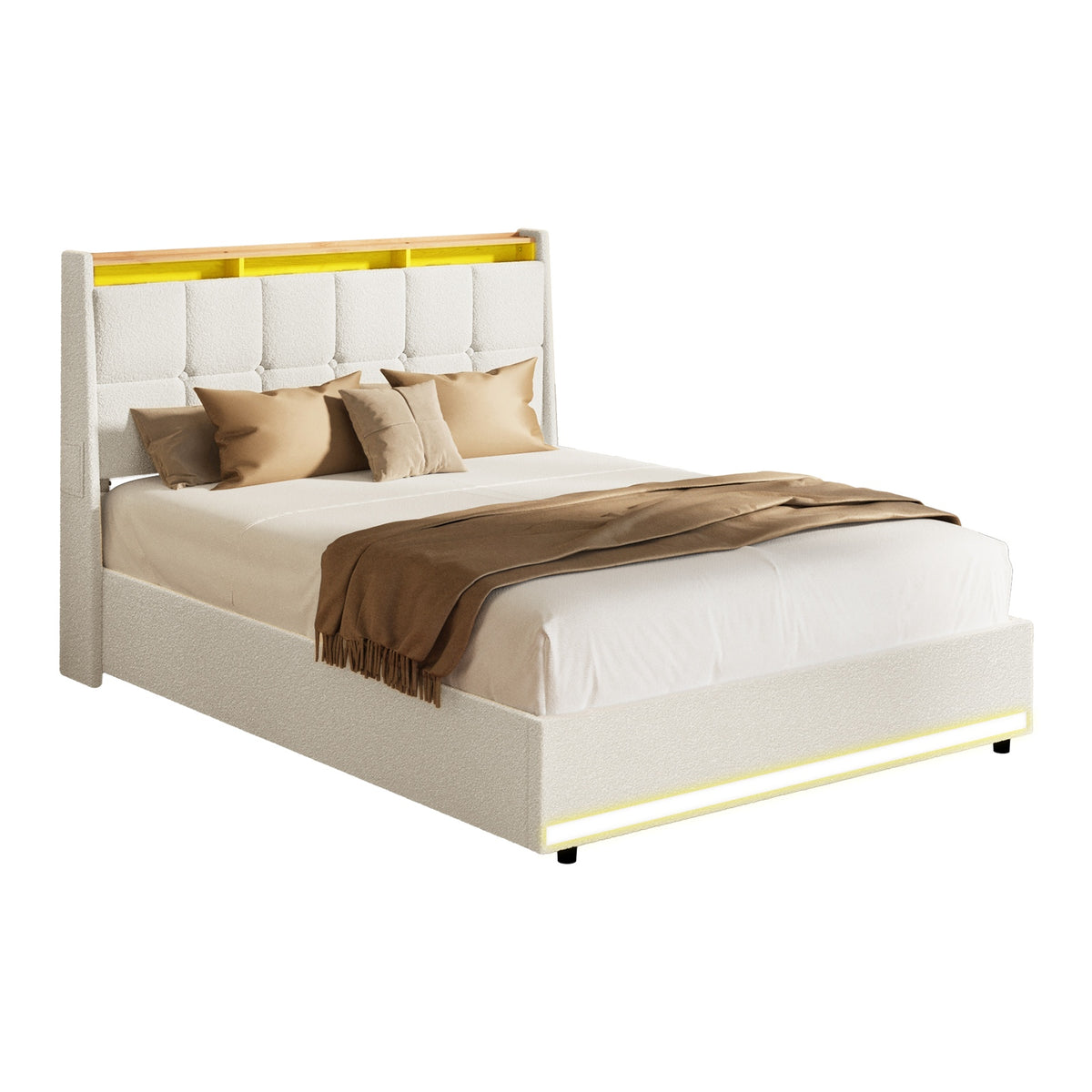 Oikiture Bed Frame Double Size RGB LED Light Gas Lift Beds White Boucle - Sunyee