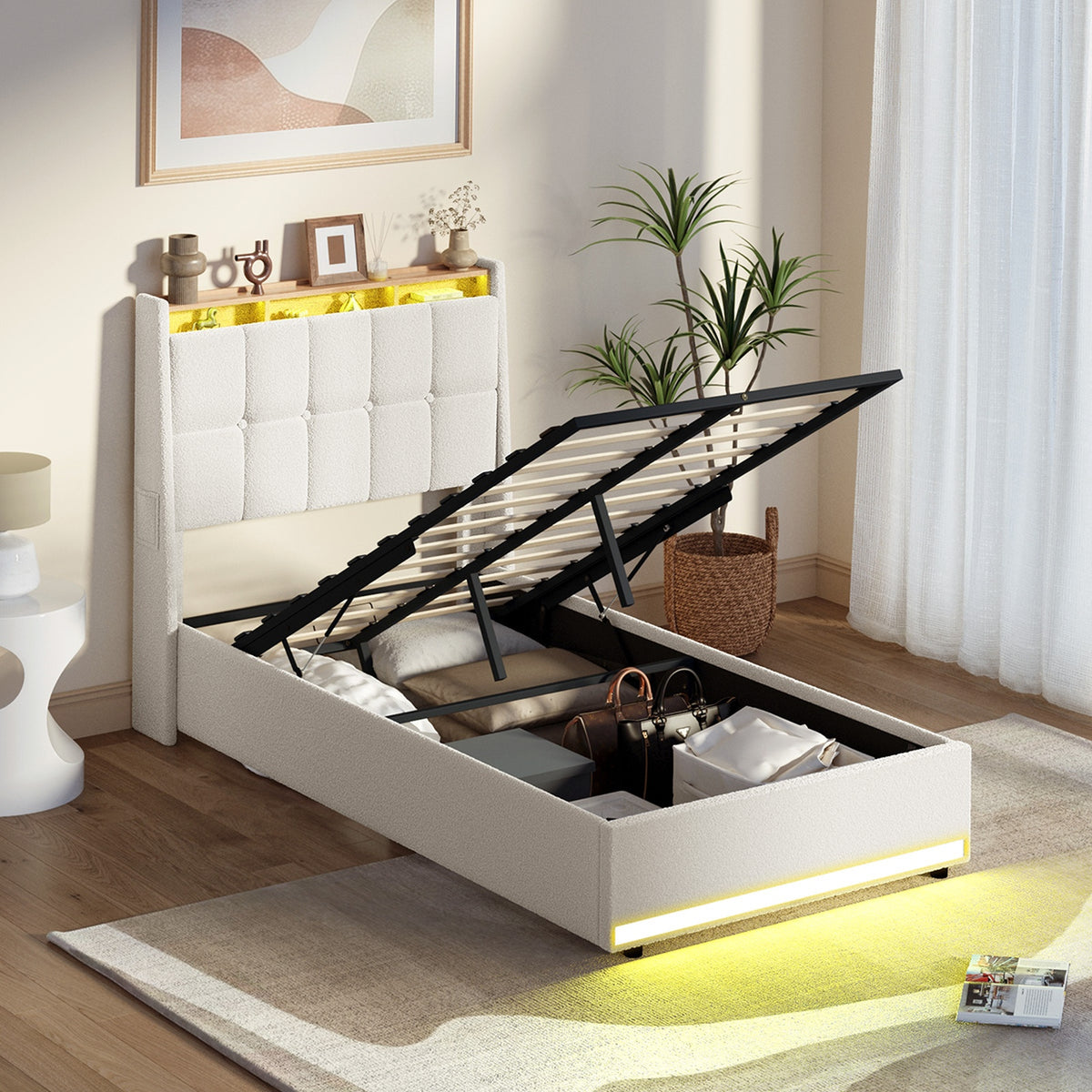 Oikiture Bed Frame King Single RGB LED Gas Lift Base with Storage Boucle - Sunyee
