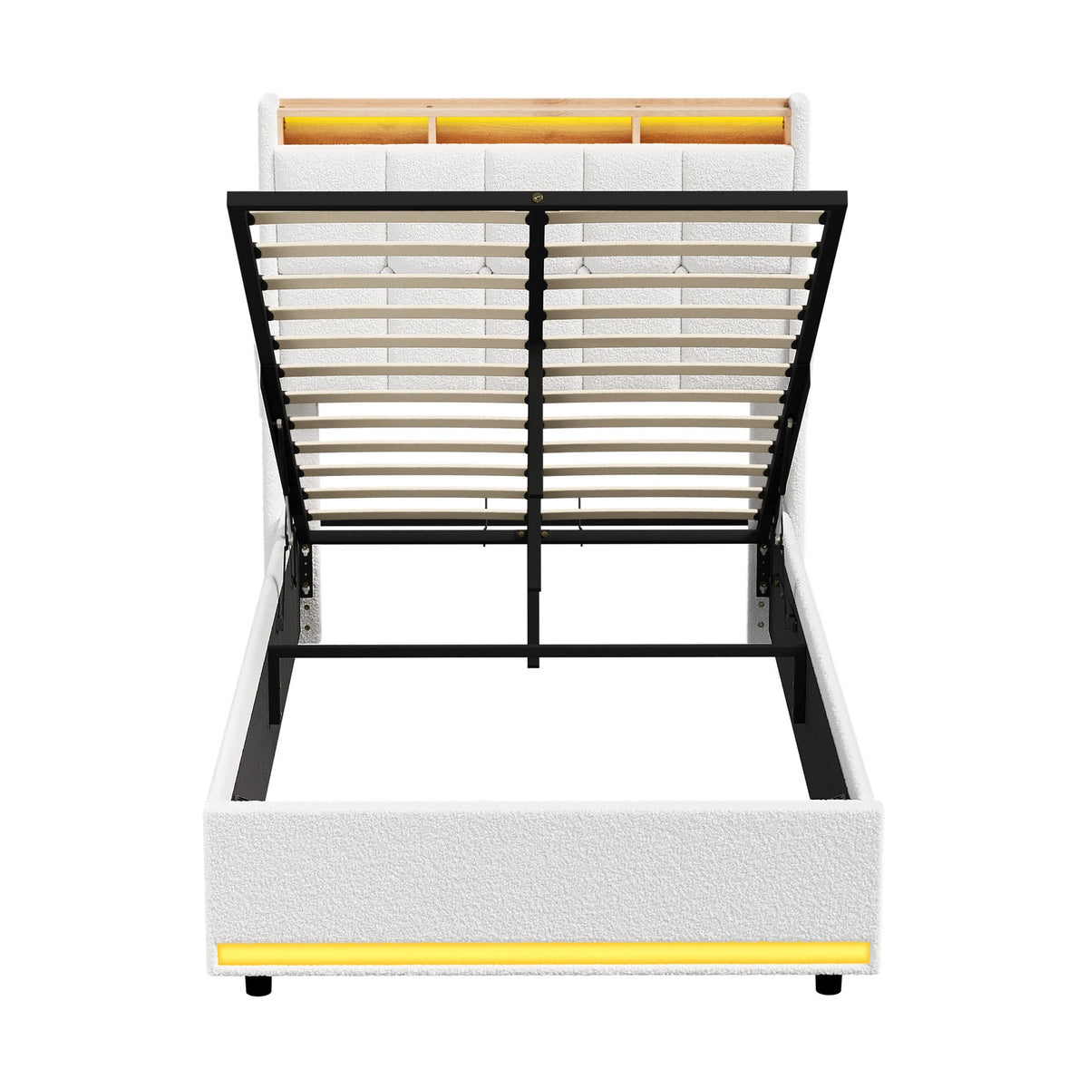 Oikiture Bed Frame King Single RGB LED Gas Lift Base with Storage Boucle - Sunyee