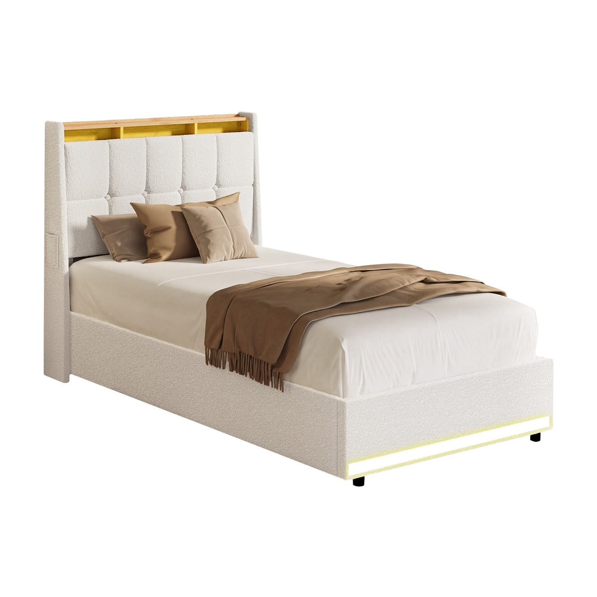 Oikiture Bed Frame King Single RGB LED Gas Lift Base with Storage Boucle - Sunyee