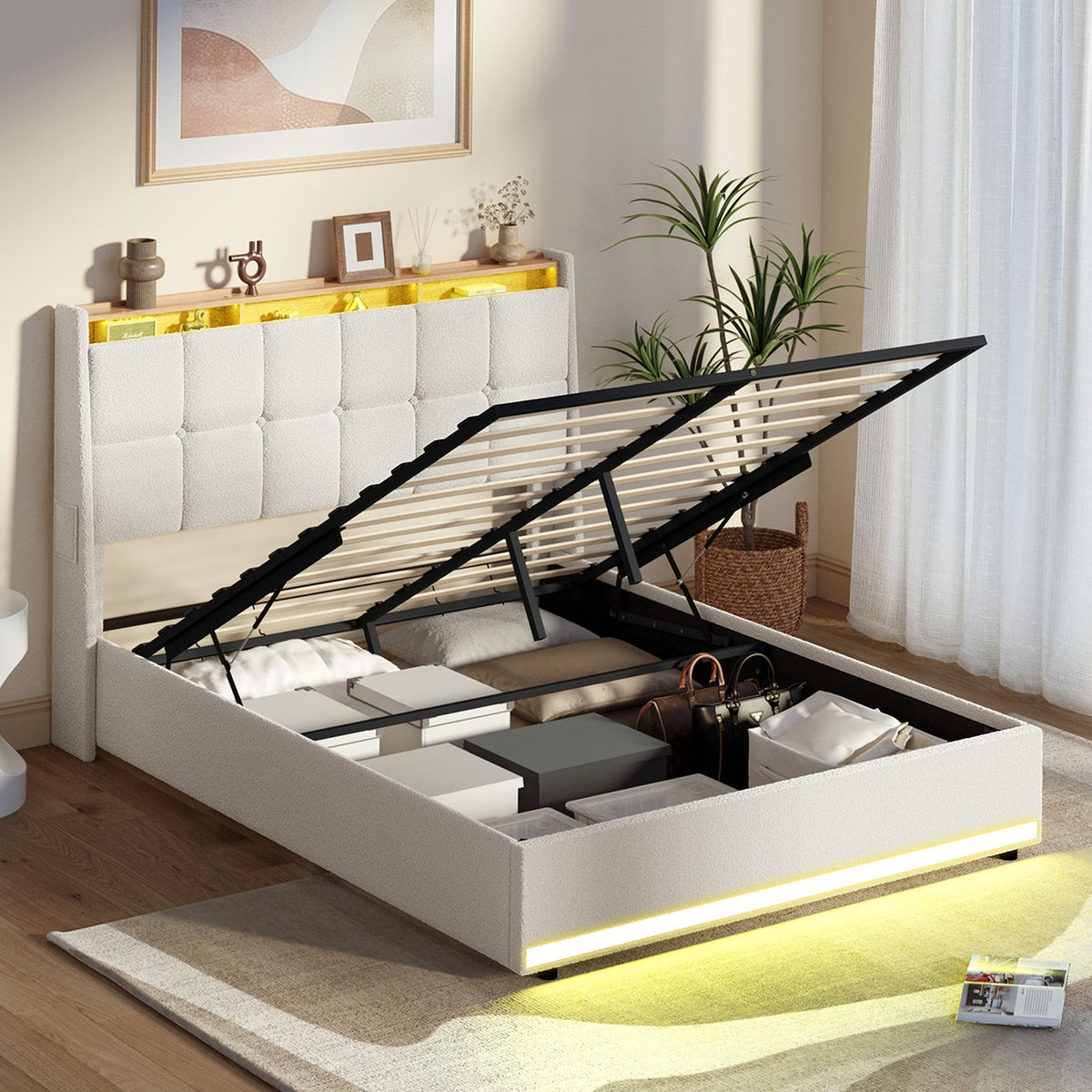 Oikiture Bed Frame Queen Size RGB LED Light Gas Lift Beds White Boucle - Sunyee