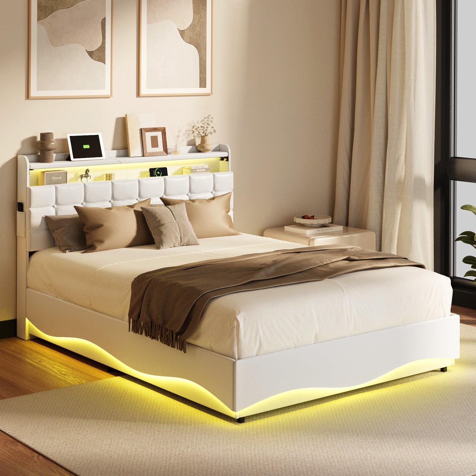 Oikiture Double Size Bed Frame LED Light Gas Lift Storage Headboard USB Charging - Sunyee