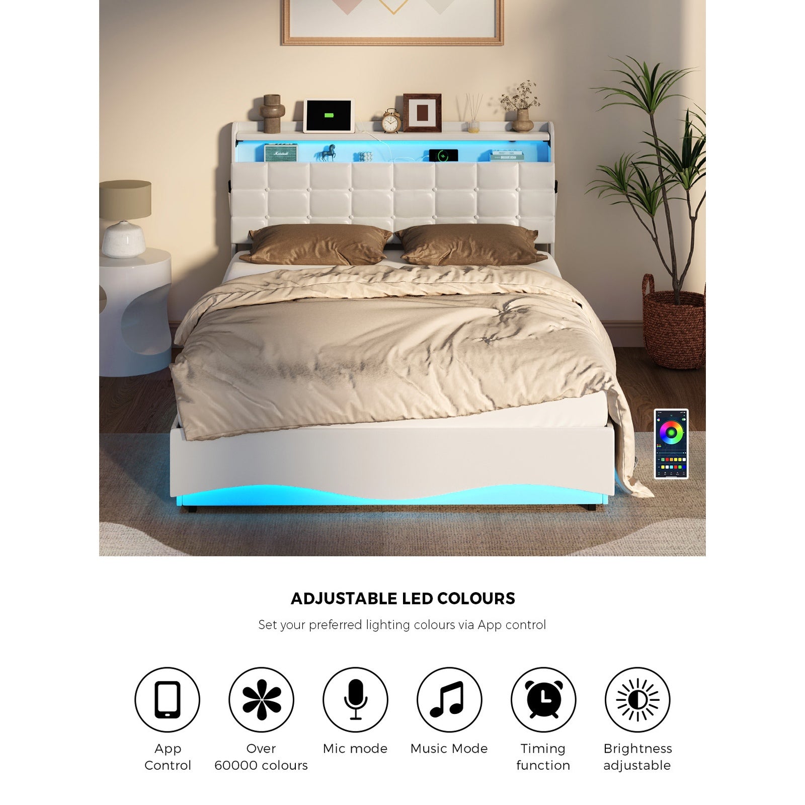 Oikiture Double Size Bed Frame LED Light Gas Lift Storage Headboard USB Charging - Sunyee